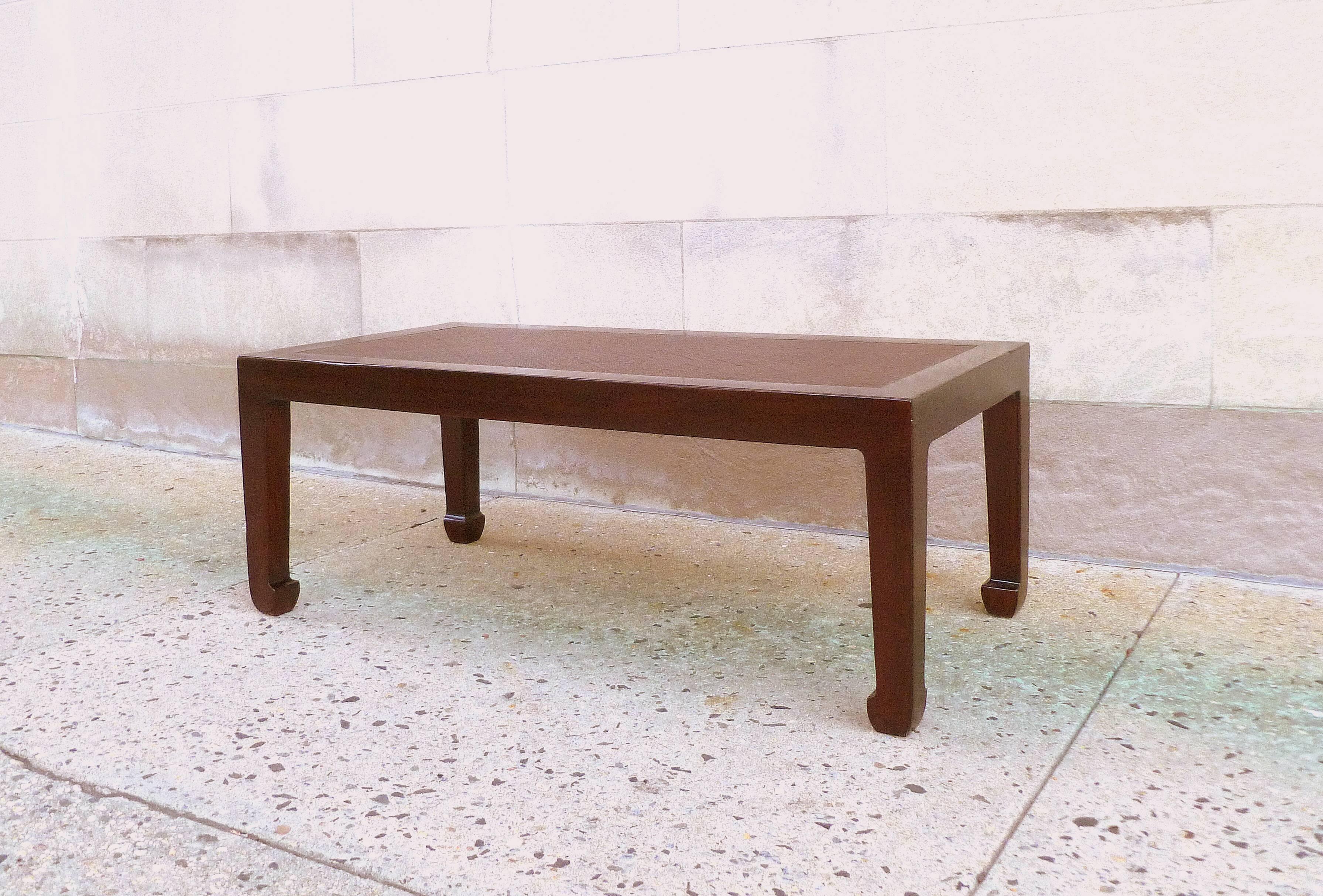 Polished Elegant Rectangular Low Table with Cane Top