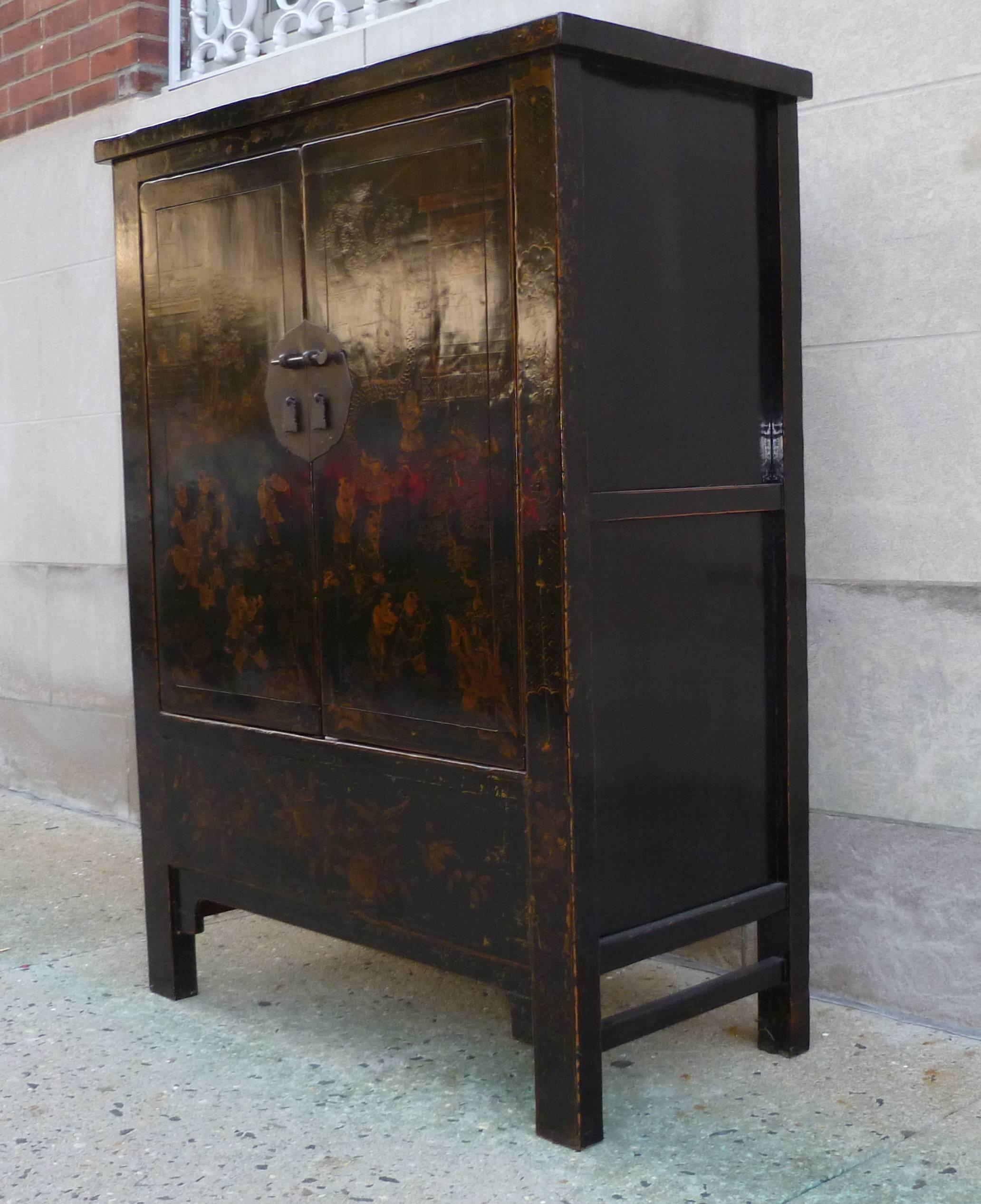 Chinese Black Lacquer Cabinet with Gold Gilt Motif