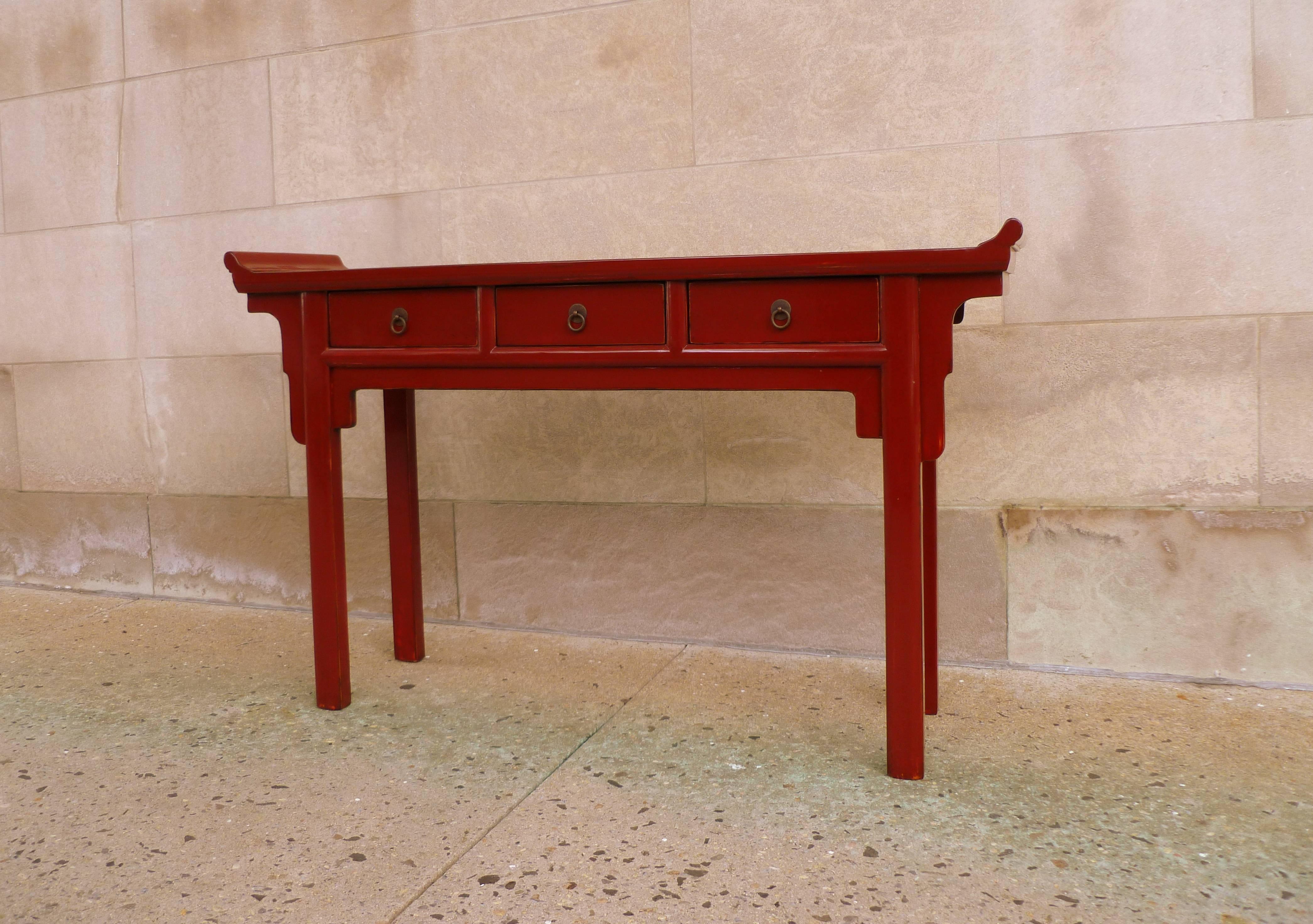 Qing Fine Red Lacquer Console Table with Three Drawers For Sale