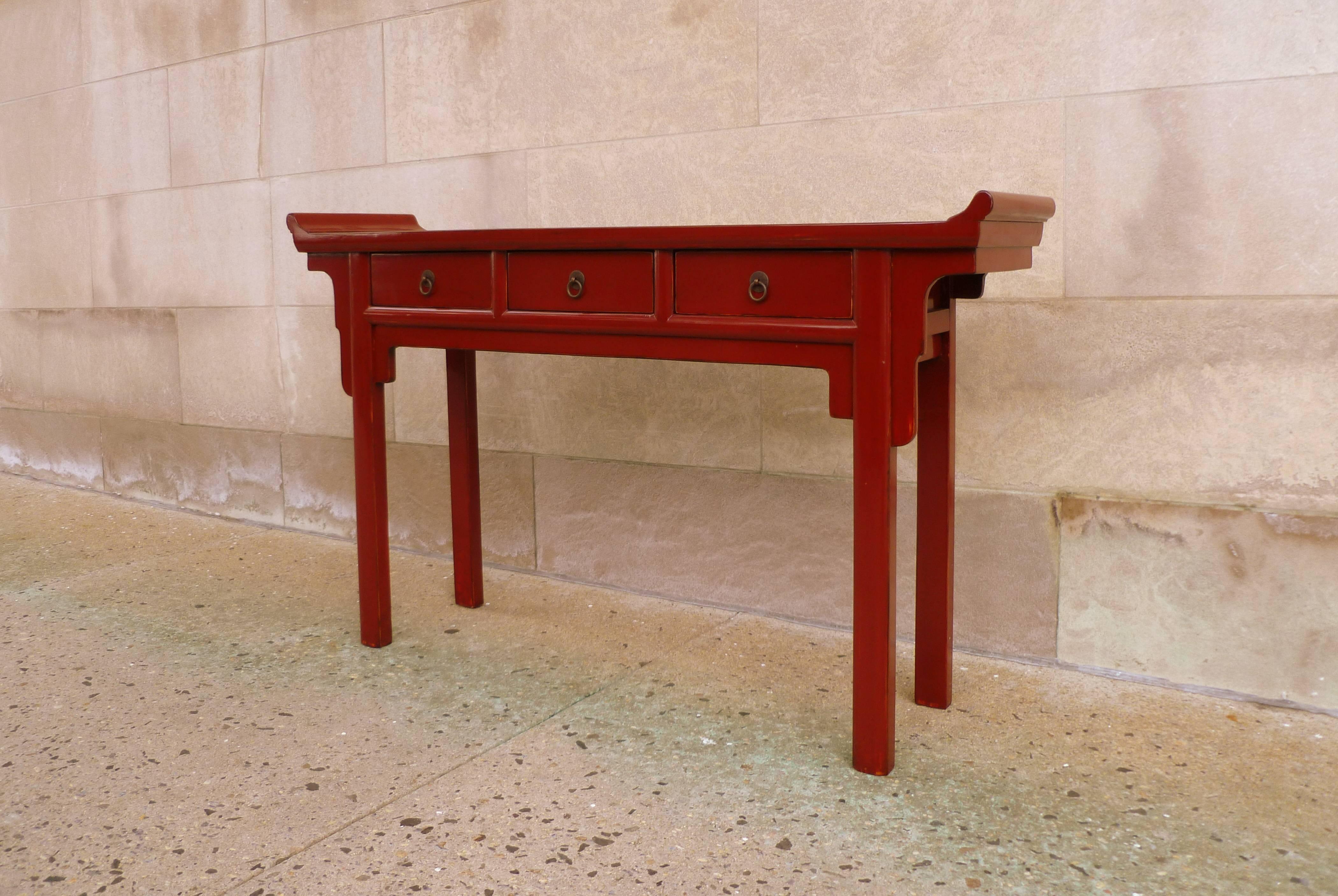 Chinese Fine Red Lacquer Console Table with Three Drawers For Sale