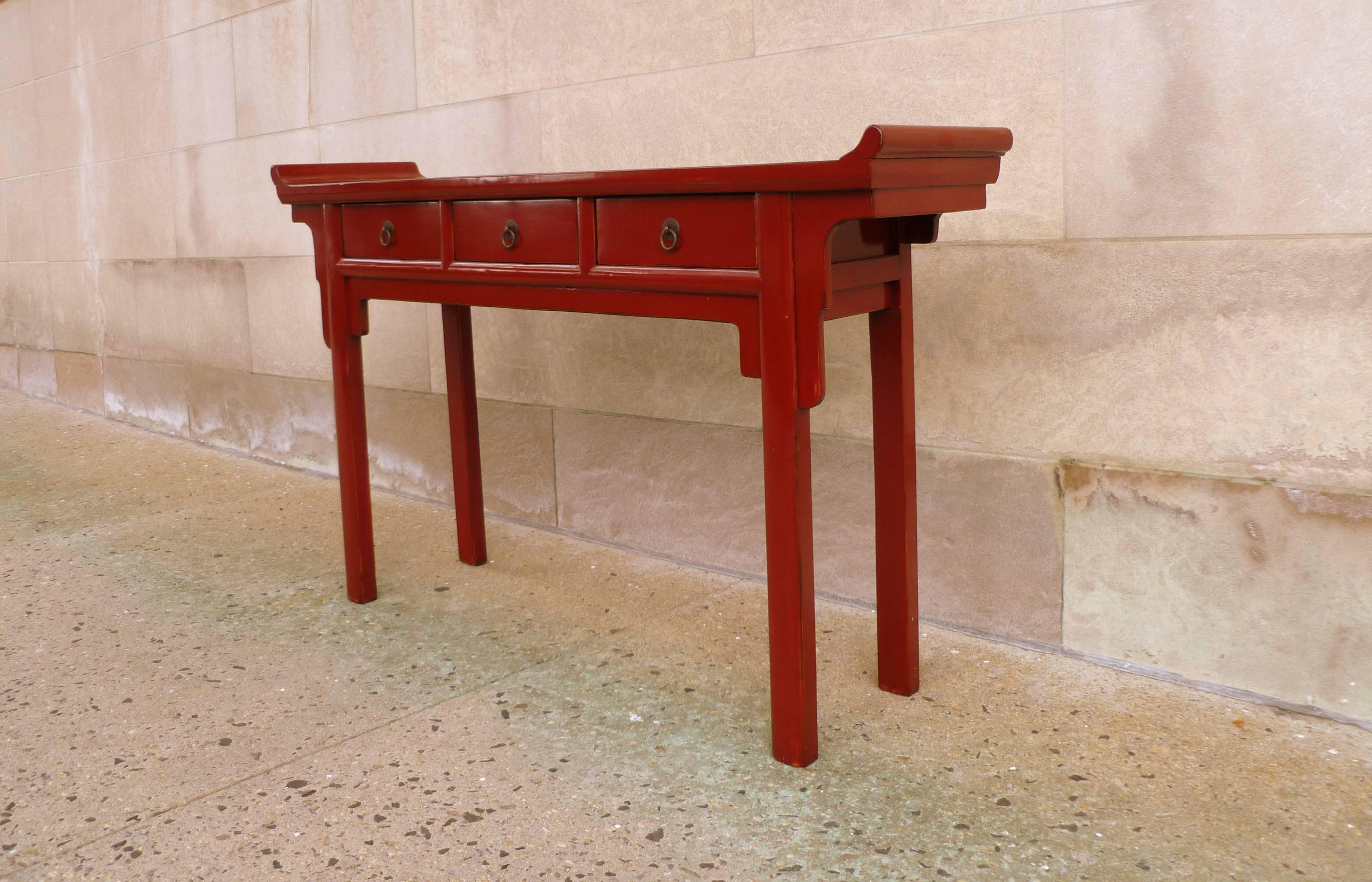 Polished Fine Red Lacquer Console Table with Three Drawers For Sale