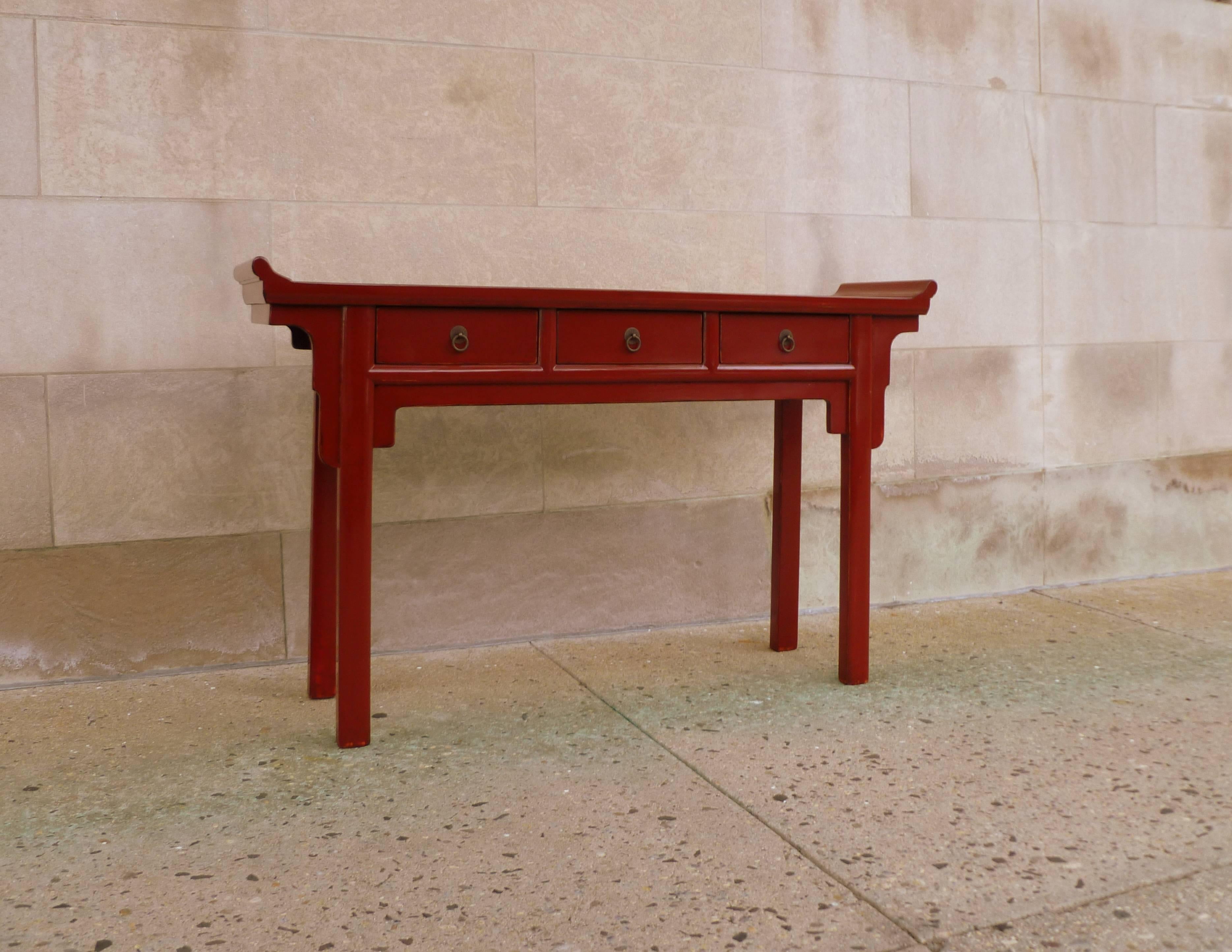 Fine Red Lacquer Console Table with Three Drawers In Excellent Condition For Sale In Greenwich, CT