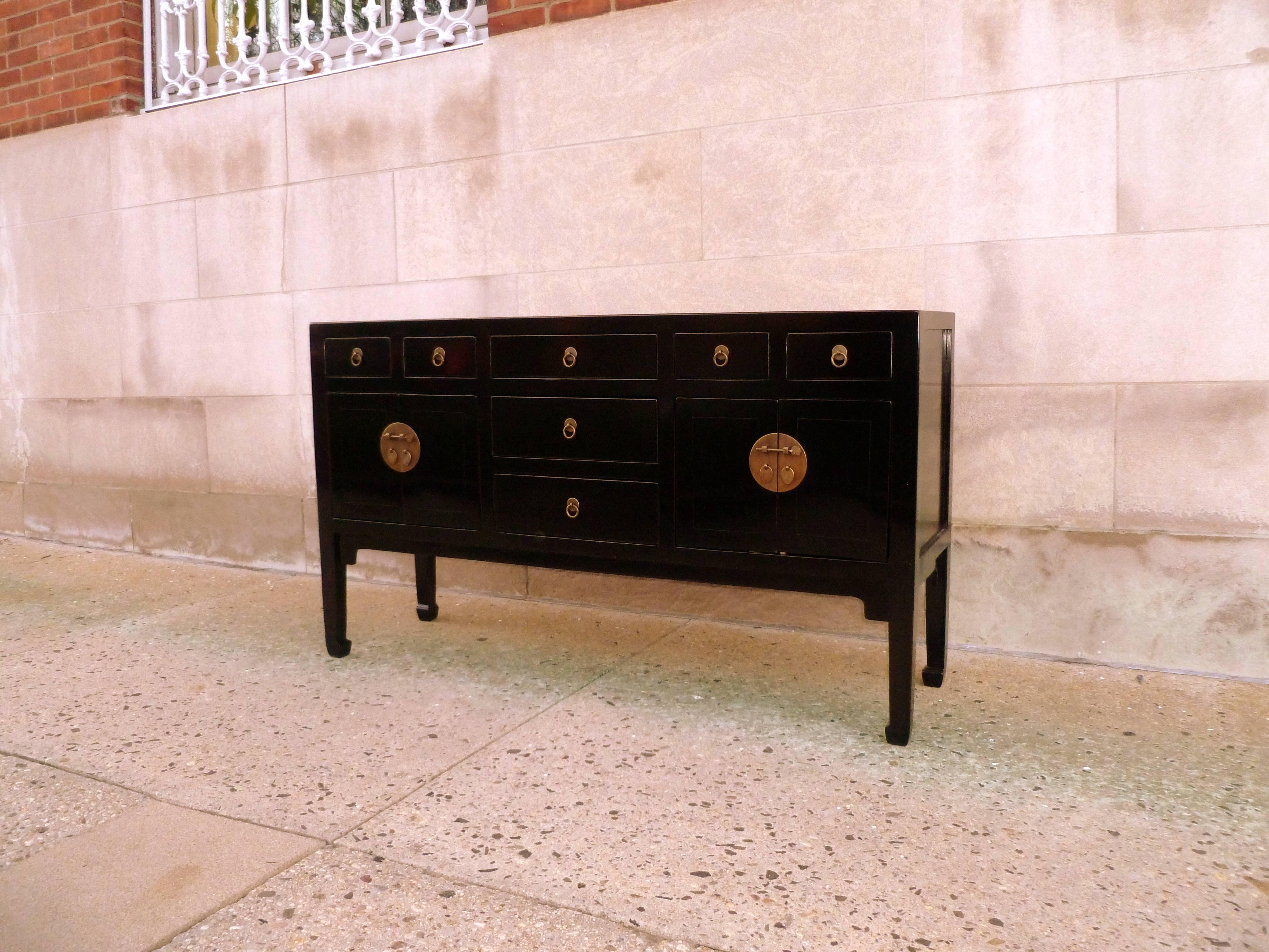 Fine Black Lacquer Sideboard with Drawers and Doors In Excellent Condition In Greenwich, CT