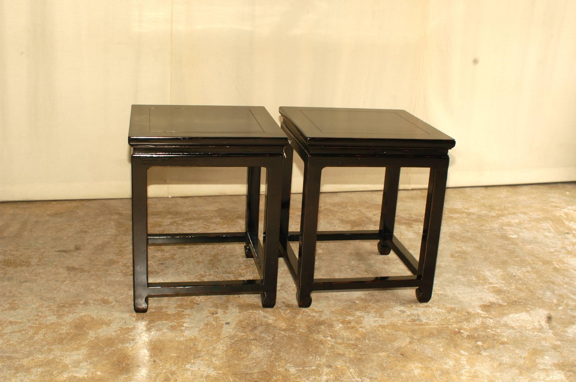  pair of refined and elegant black lacquer square end tables, beautiful color, form and lines.