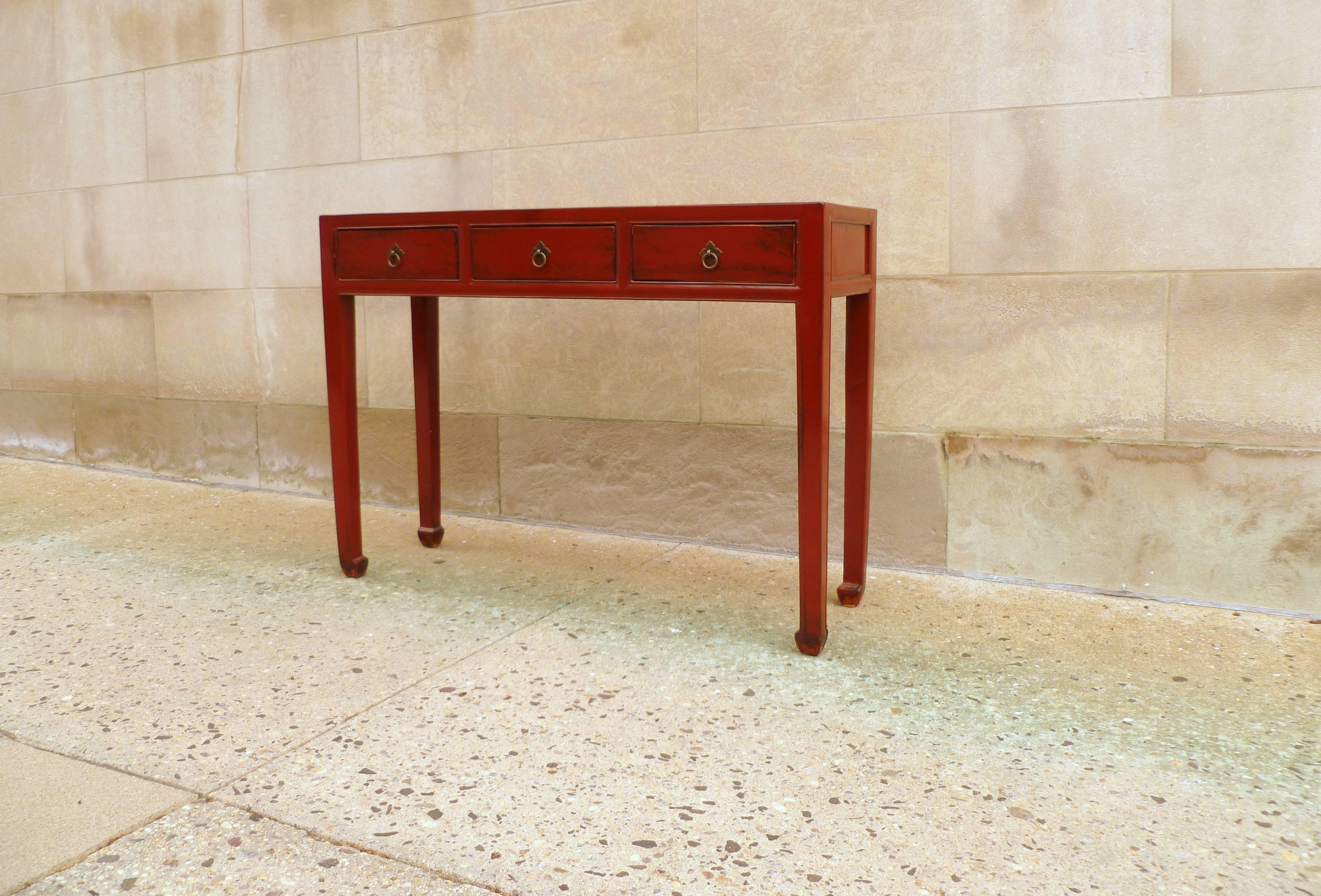 Chinese Red Lacquer Table with Three-Drawers