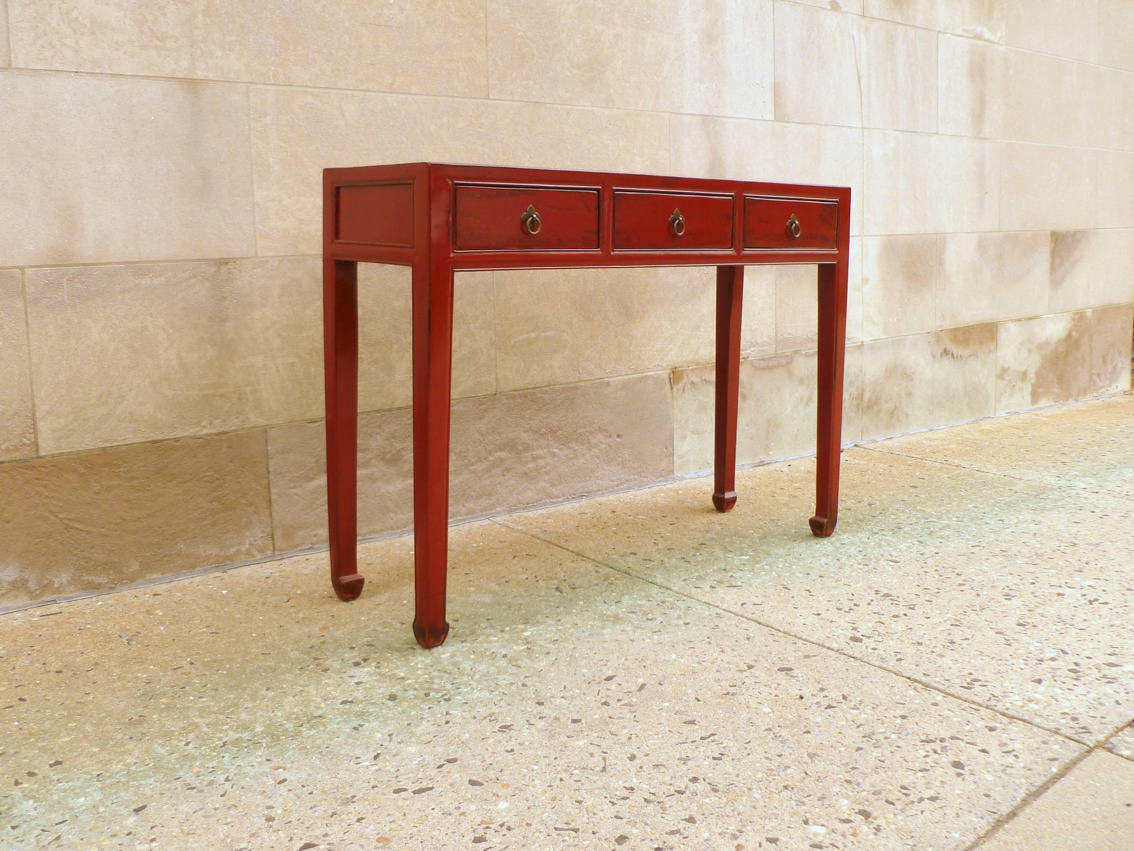 Polished Red Lacquer Table with Three-Drawers