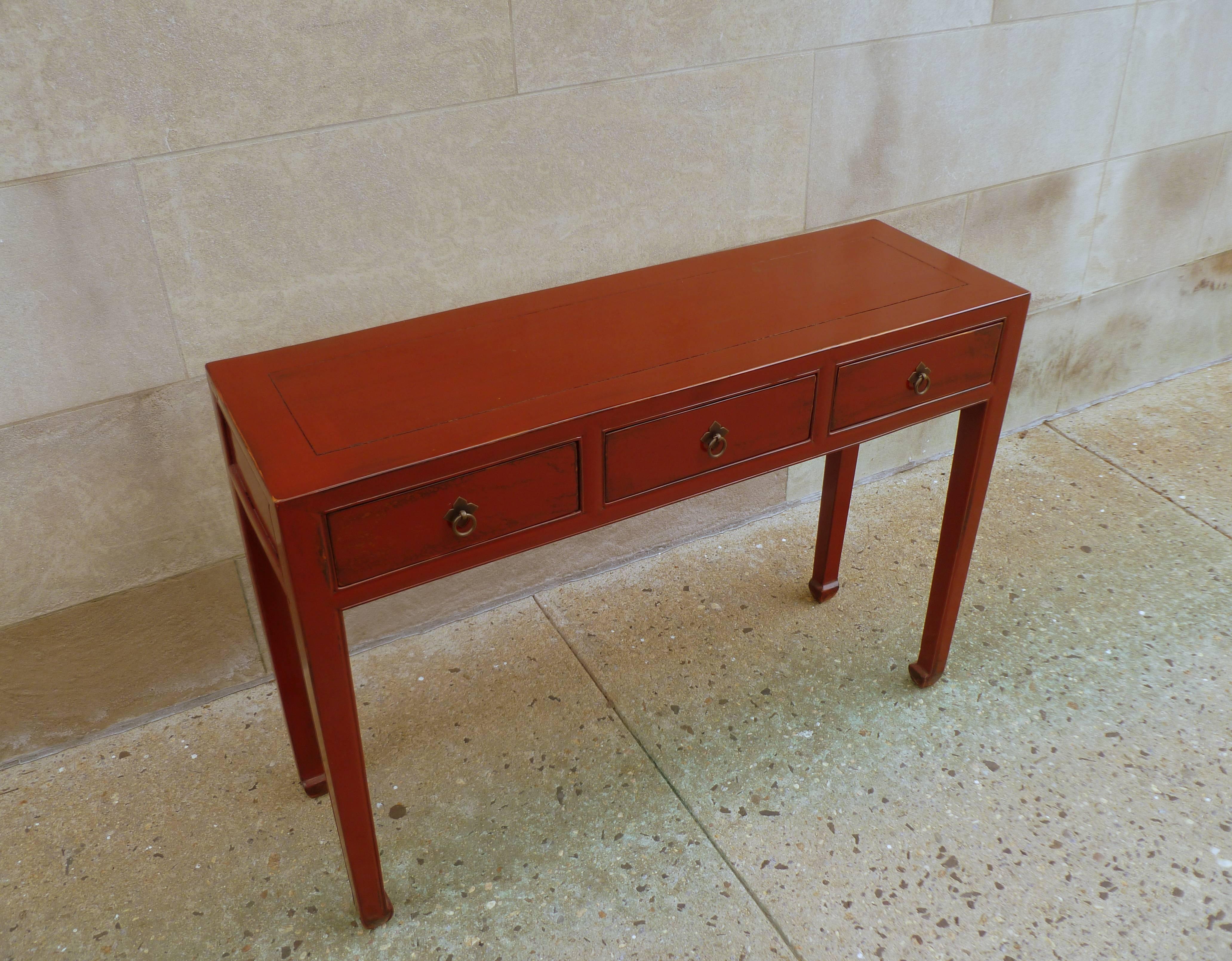 Red Lacquer Table with Three-Drawers In Excellent Condition In Greenwich, CT