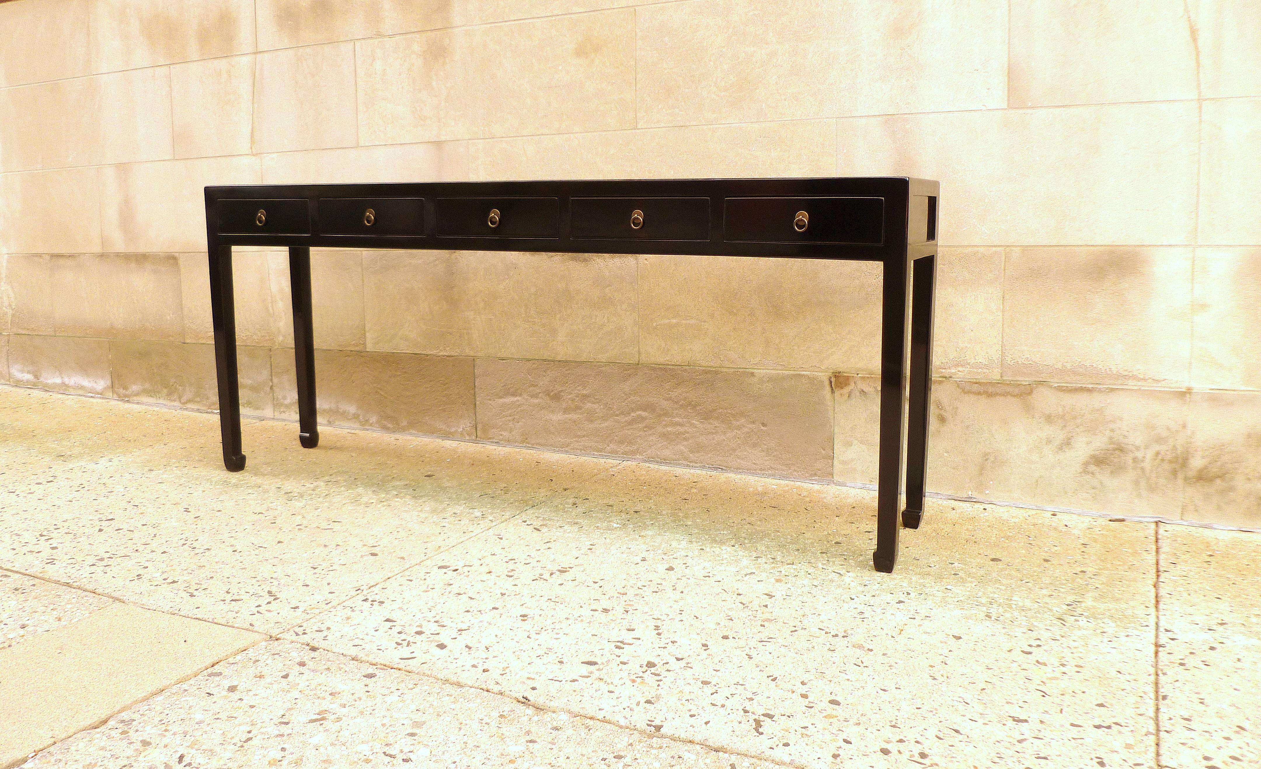 Polished Fine Black Lacquer Console Table with Drawers