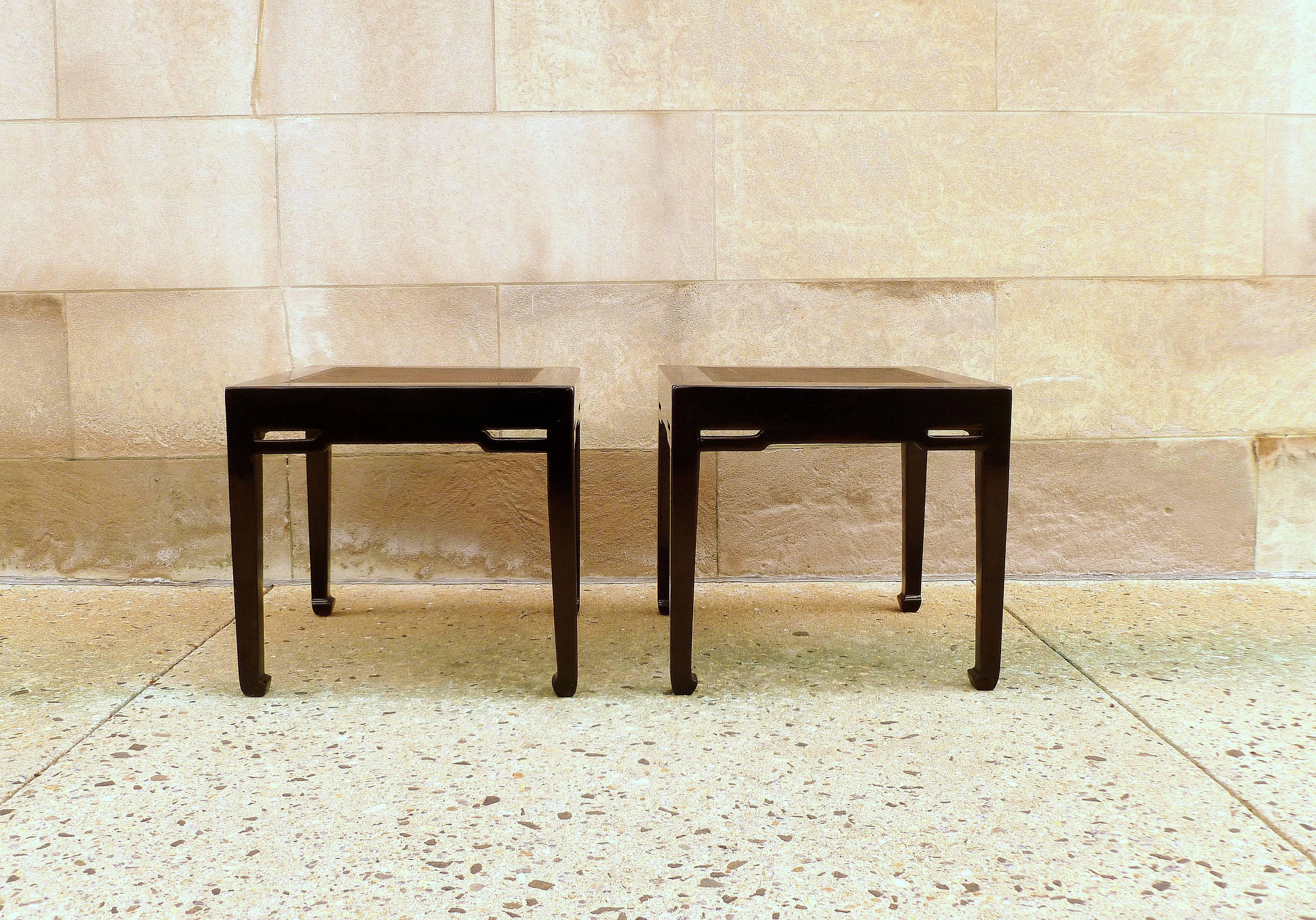 Pair of black lacquer end tables with hard canned top, simple and elegant black lacquer end tables.