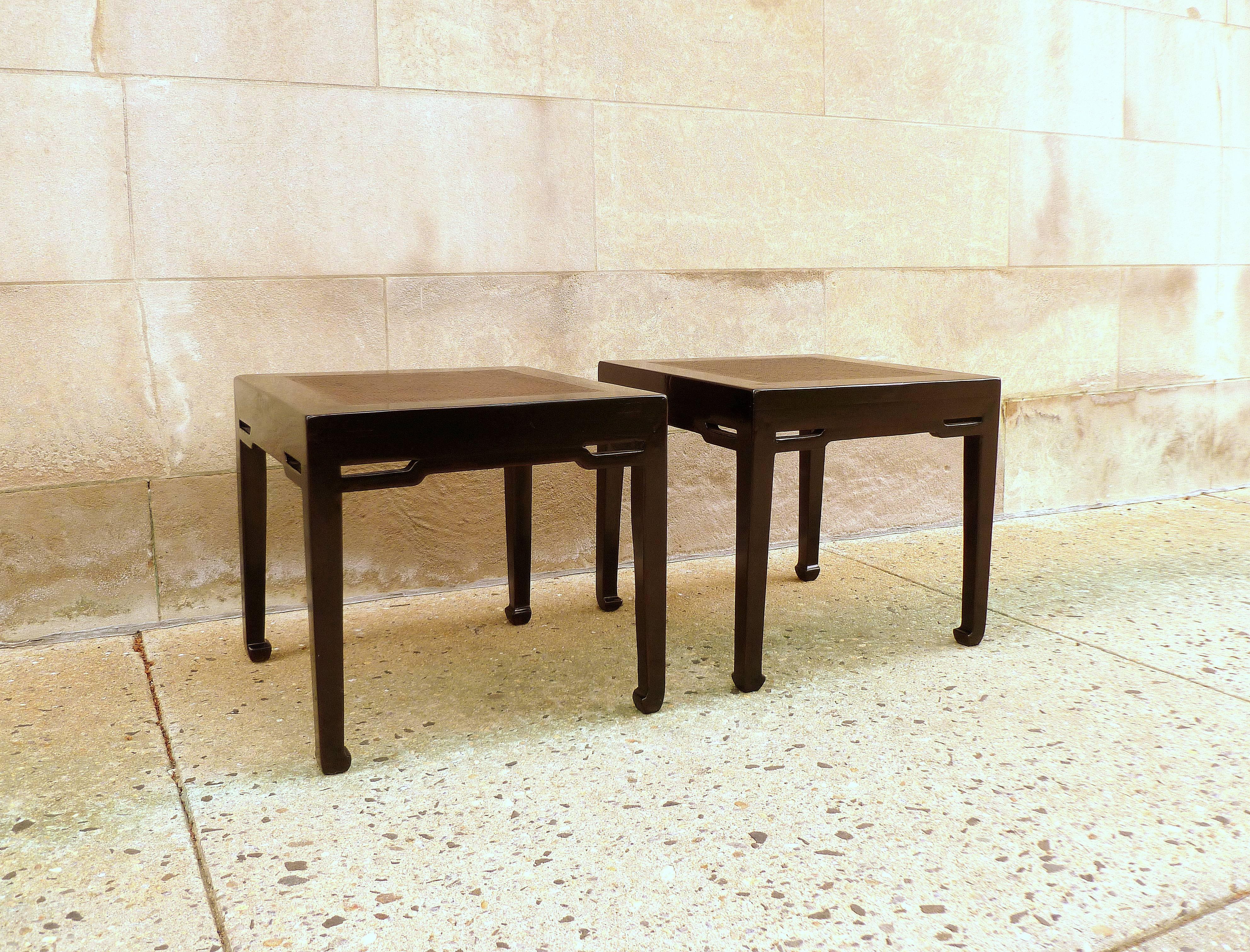Ming Pair of Black Lacquer End Tables with Hard Canned Top