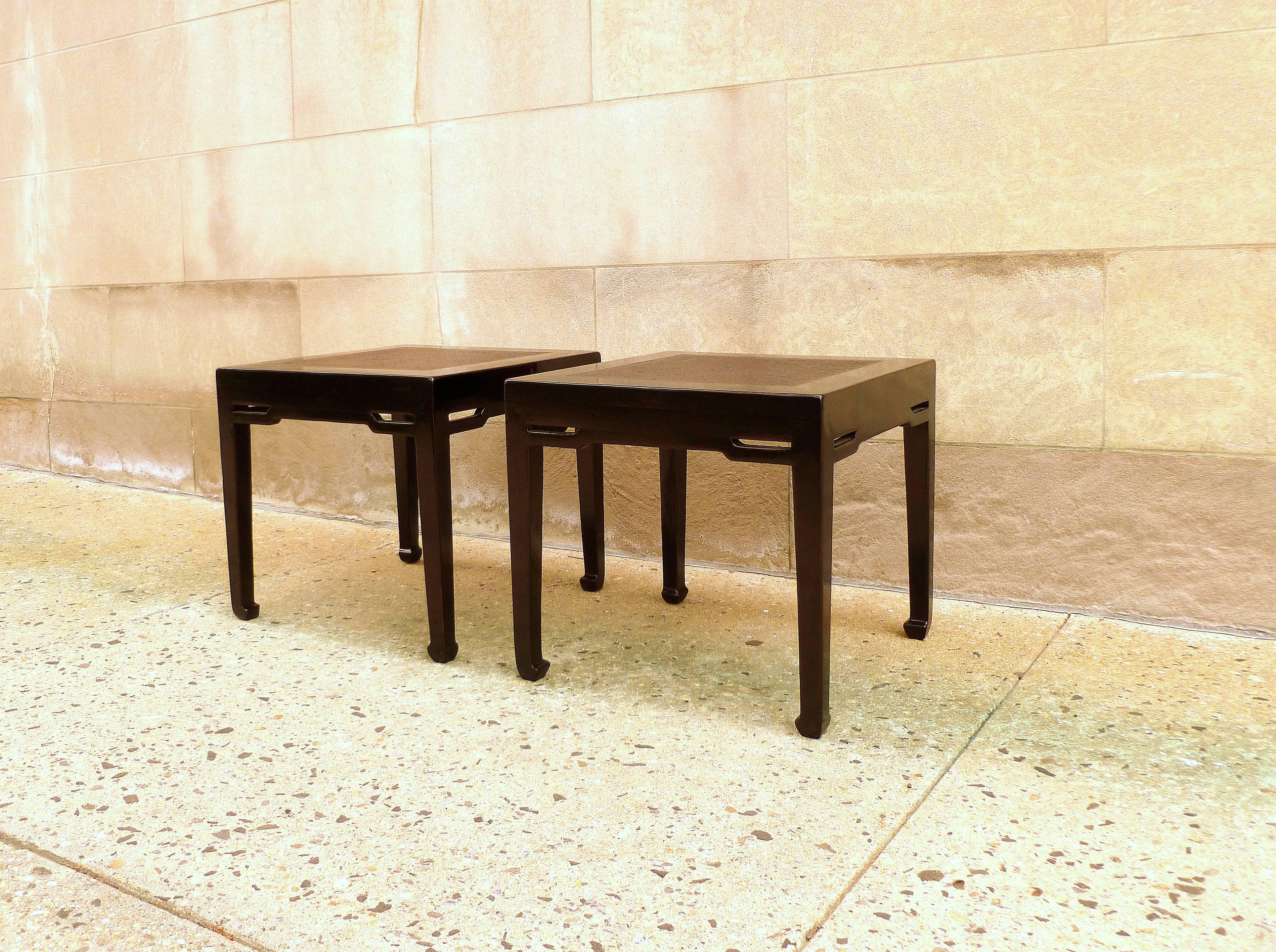 Polished Pair of Black Lacquer End Tables with Hard Canned Top