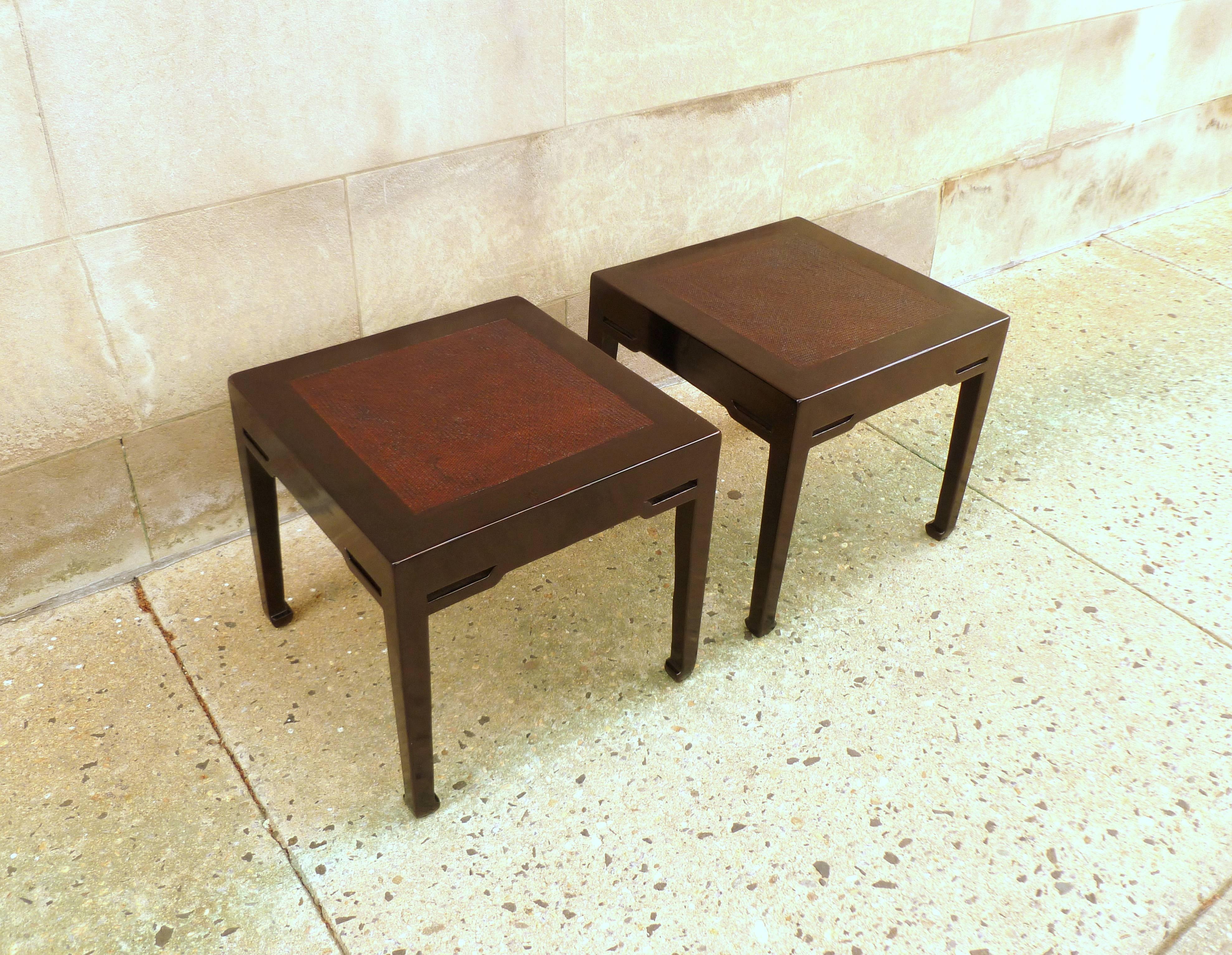 Early 20th Century Pair of Black Lacquer End Tables with Hard Canned Top