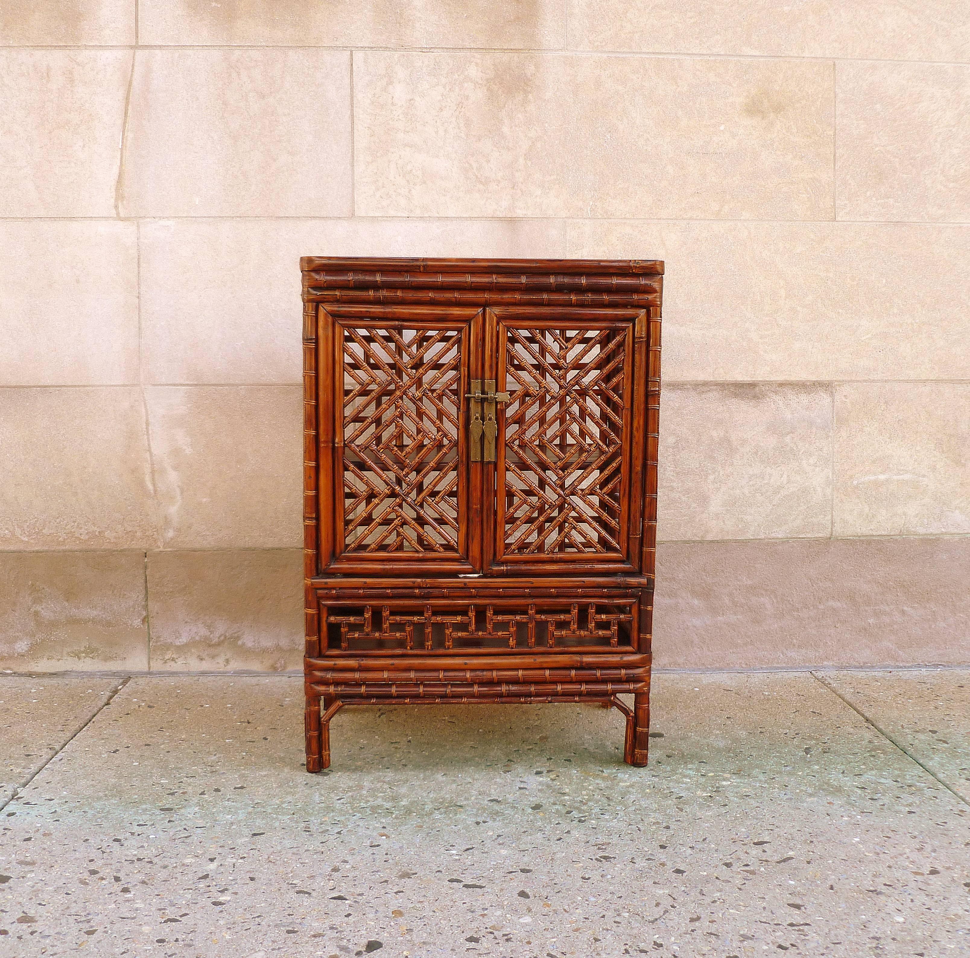 Bamboo chest with lattice fret work on the pair of doors and sides, fine workmanship.