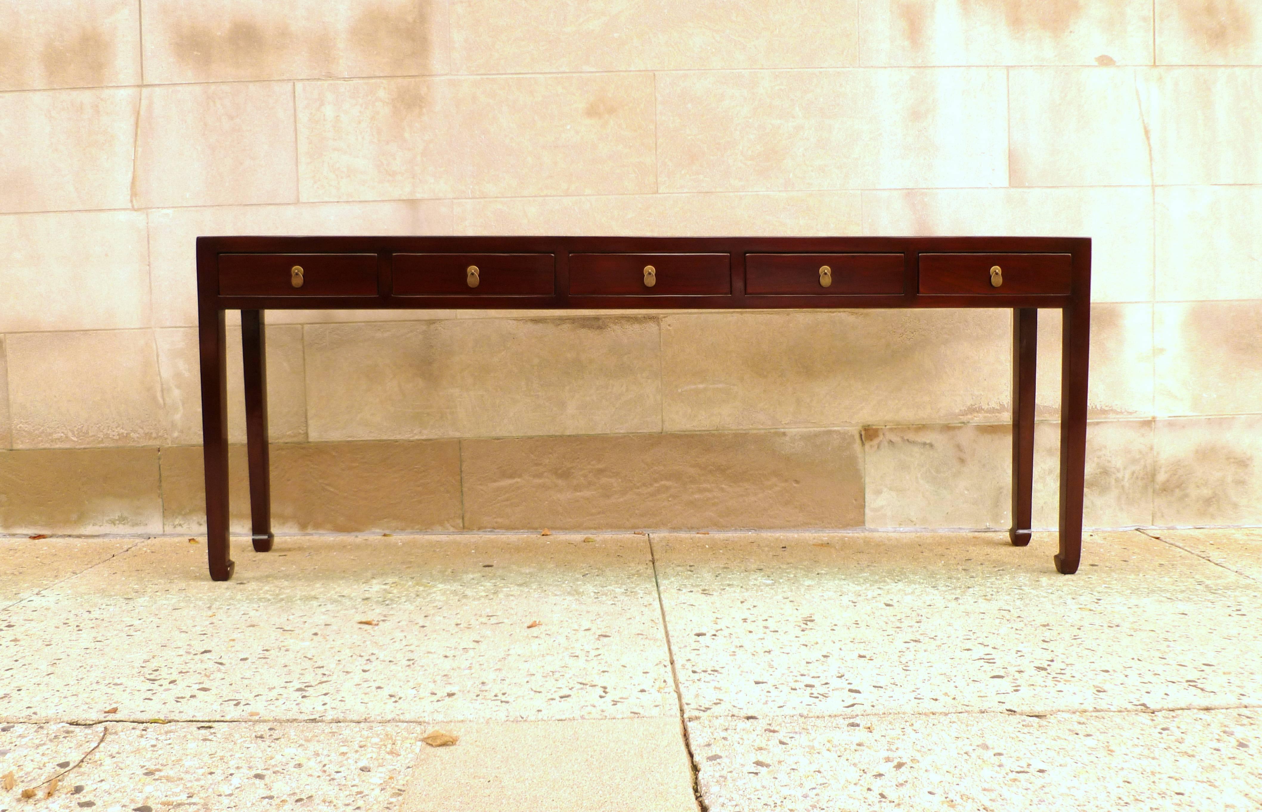 Fine ju mu wood console table with drawers, refined and elegant ju mu wood console table with five drawers, brass ring pulls.