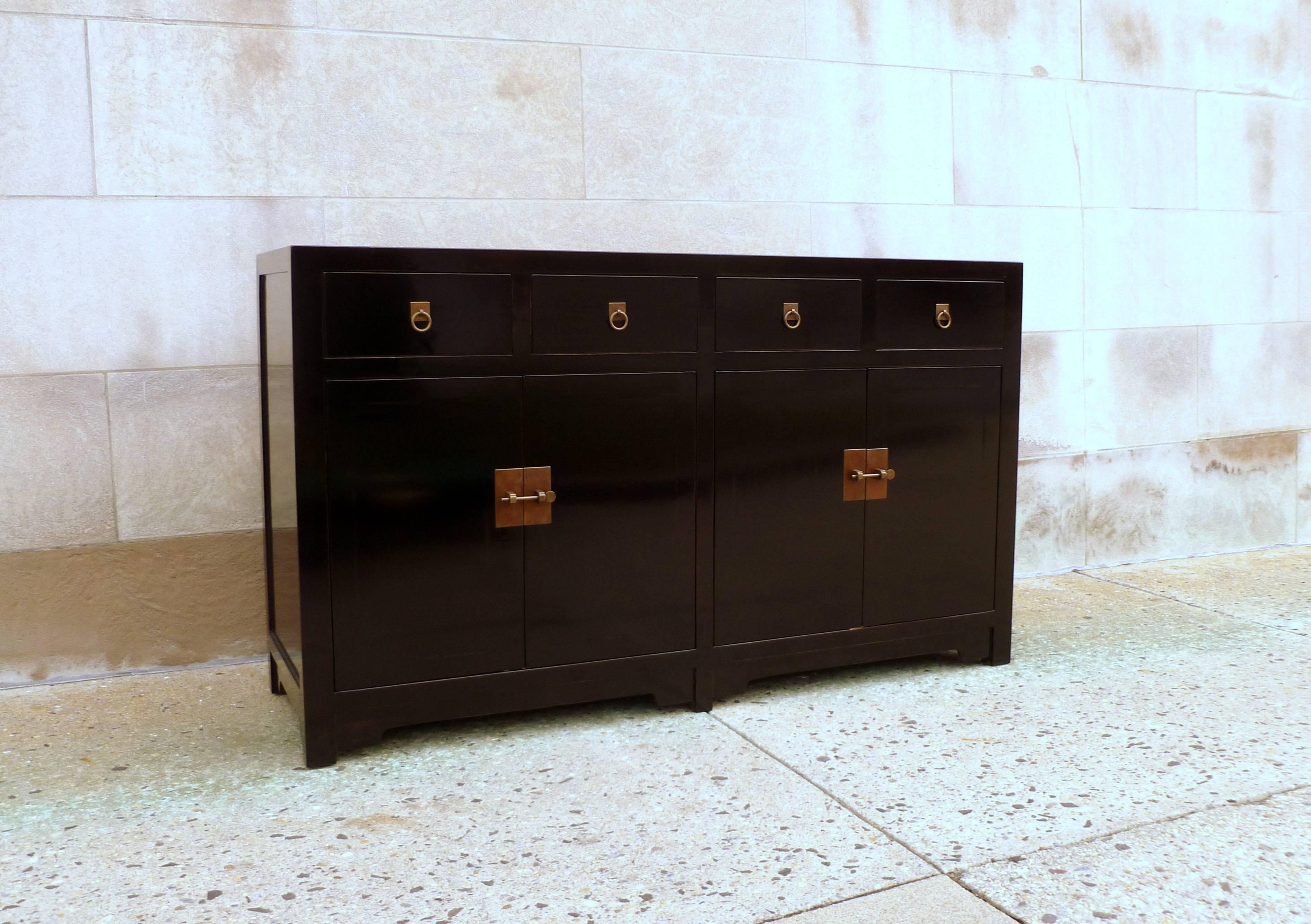 Polished Fine Black Lacquer Sideboard with Drawers and Doors