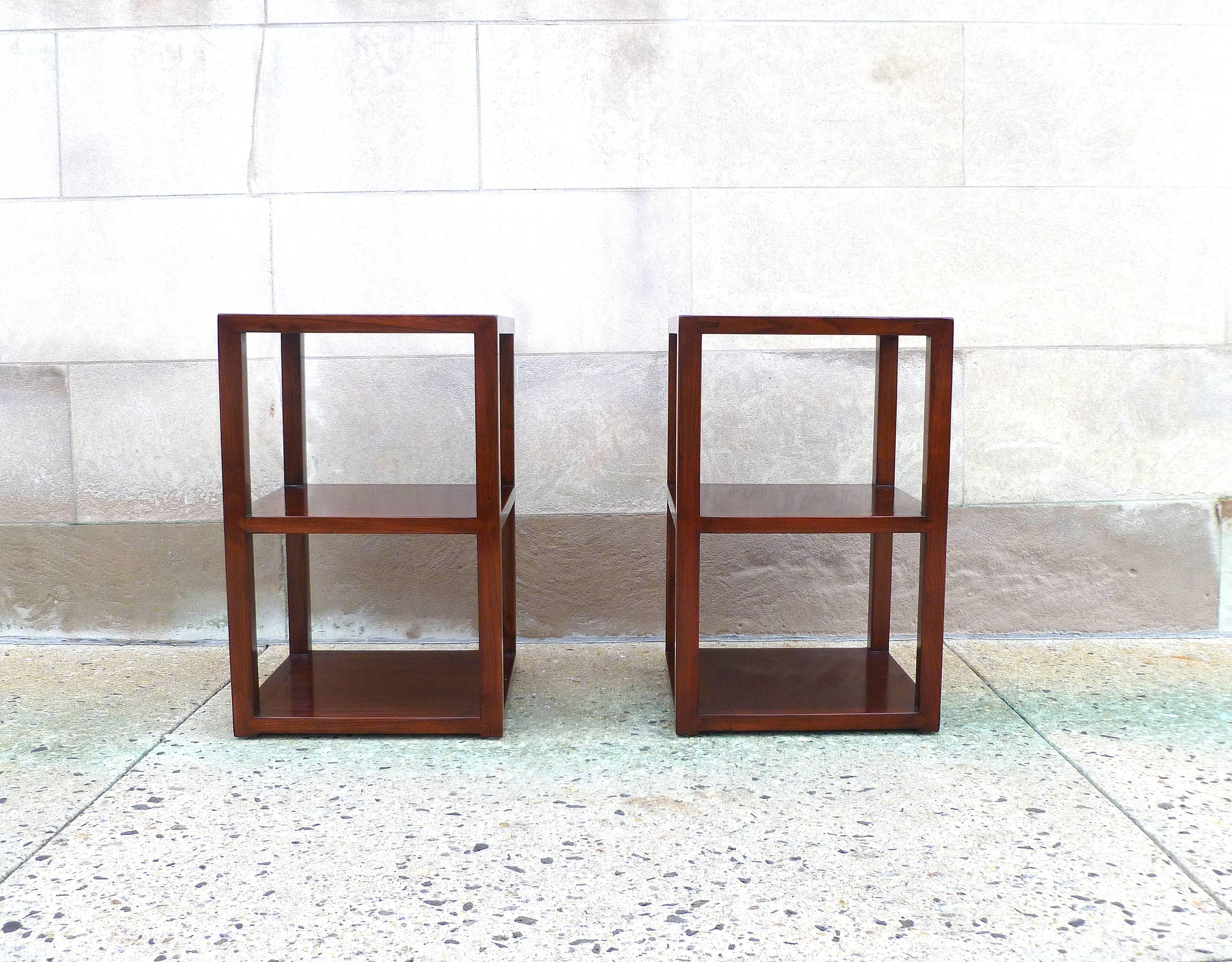 Fine pair of Jumu end tables with shelves. Very elegant and fine jumu end tables, beautiful form and color.  We carry fine quality furniture with elegant finished and has been appeared many times in 