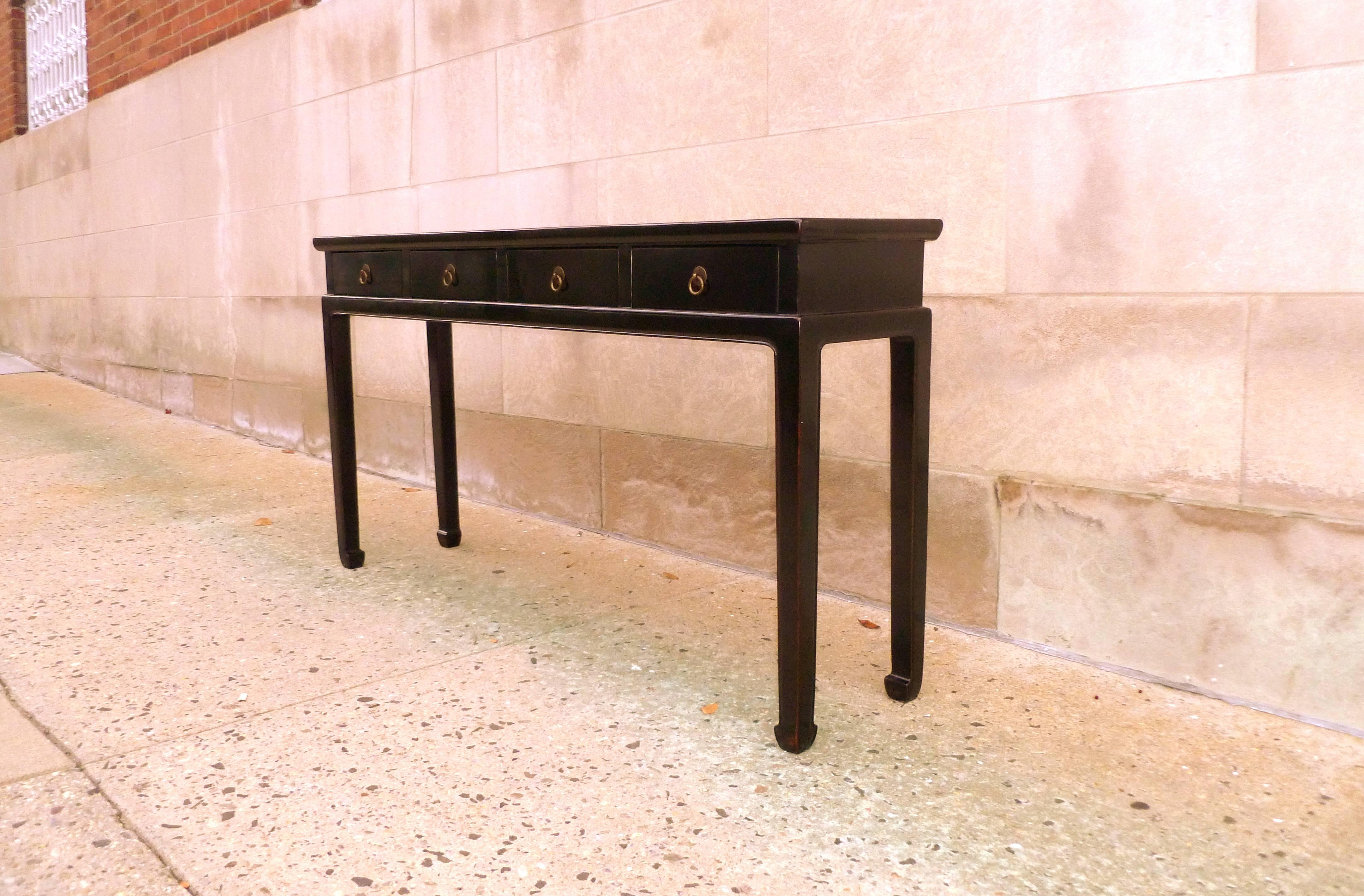 Polished Fine Black Lacquer Console Table with Drawers