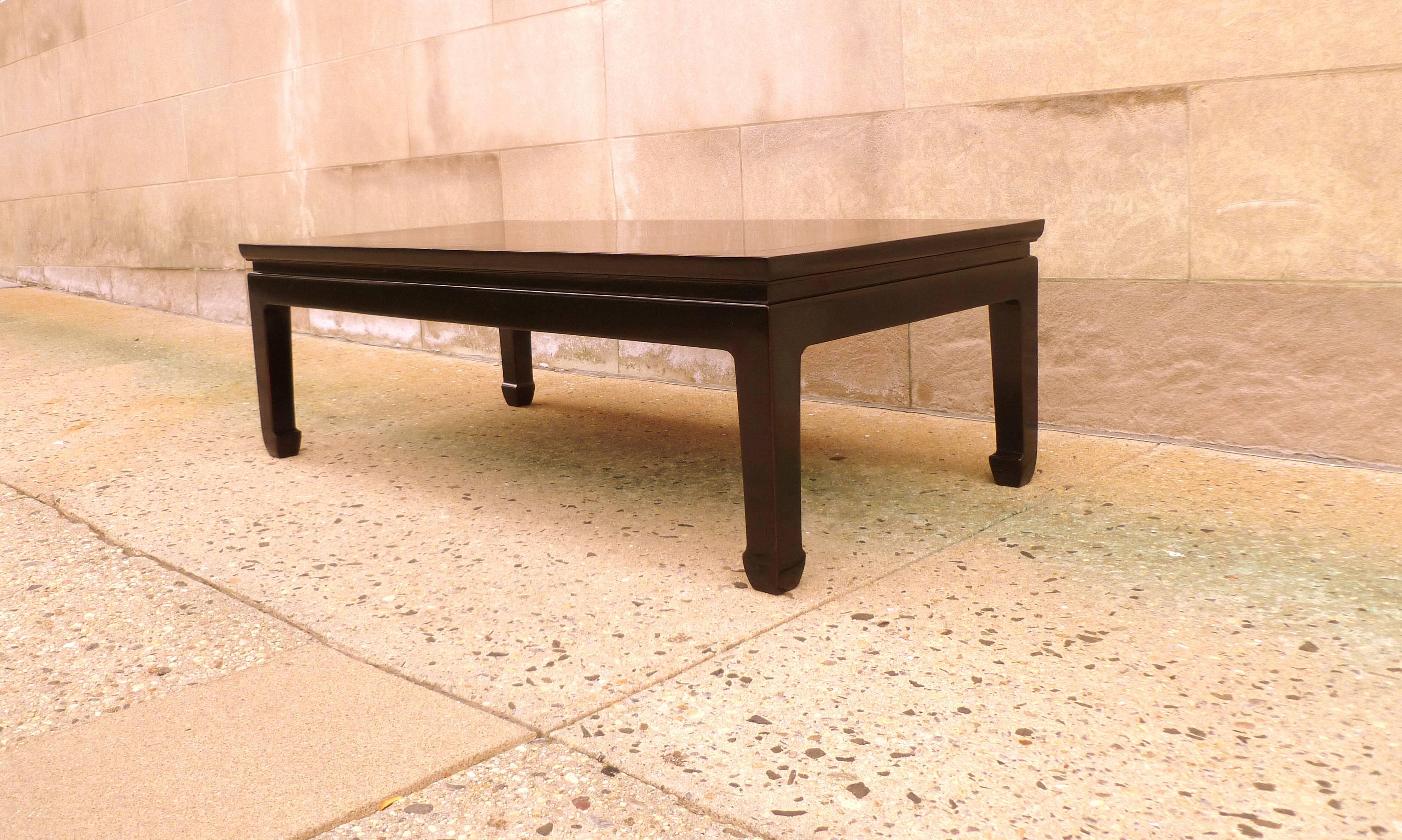 Polished Fine Black Lacquer Rectangular Low Table with Fine Hand Painted Landscape Motif