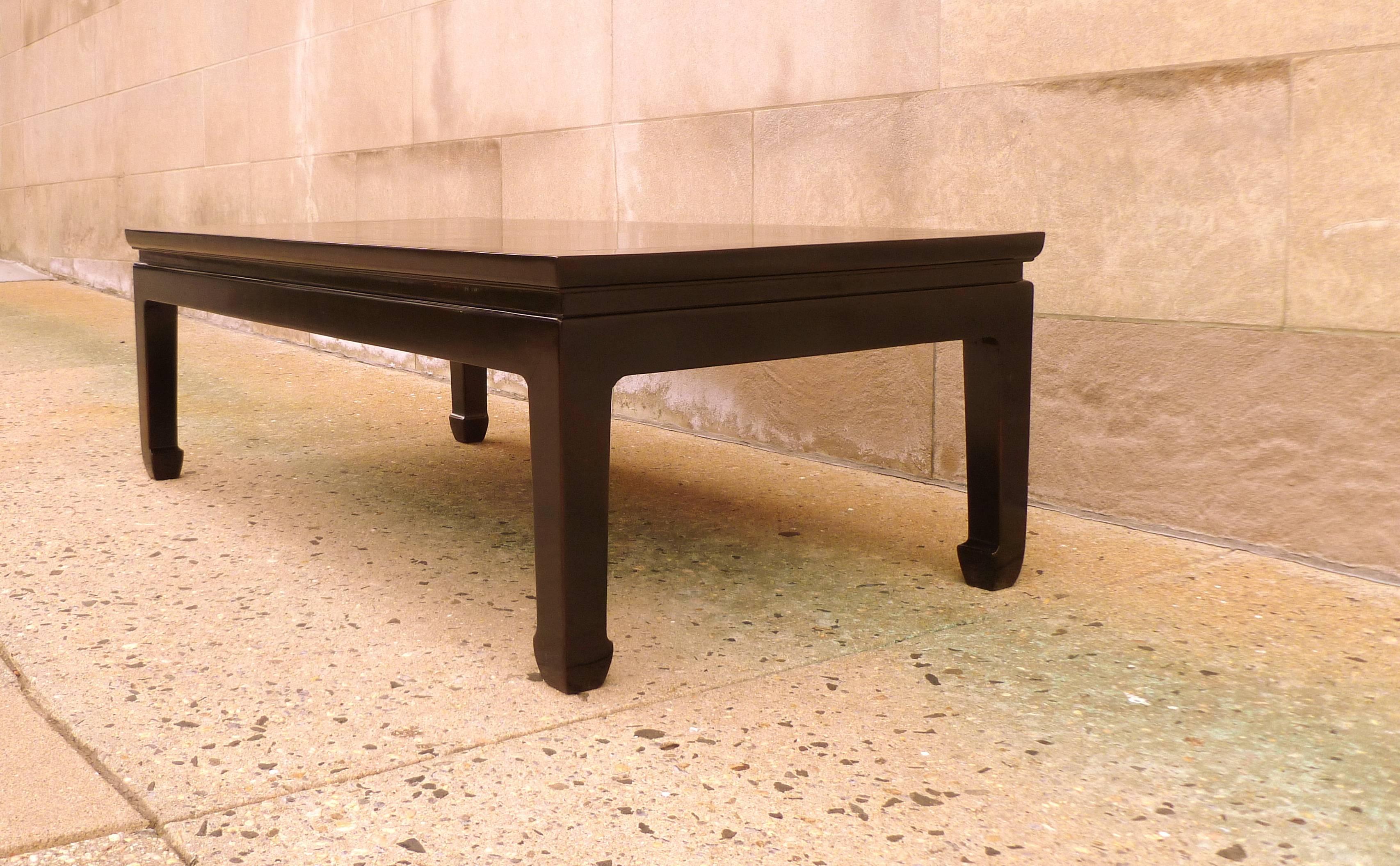 Fine Black Lacquer Rectangular Low Table with Fine Hand Painted Landscape Motif In Excellent Condition In Greenwich, CT