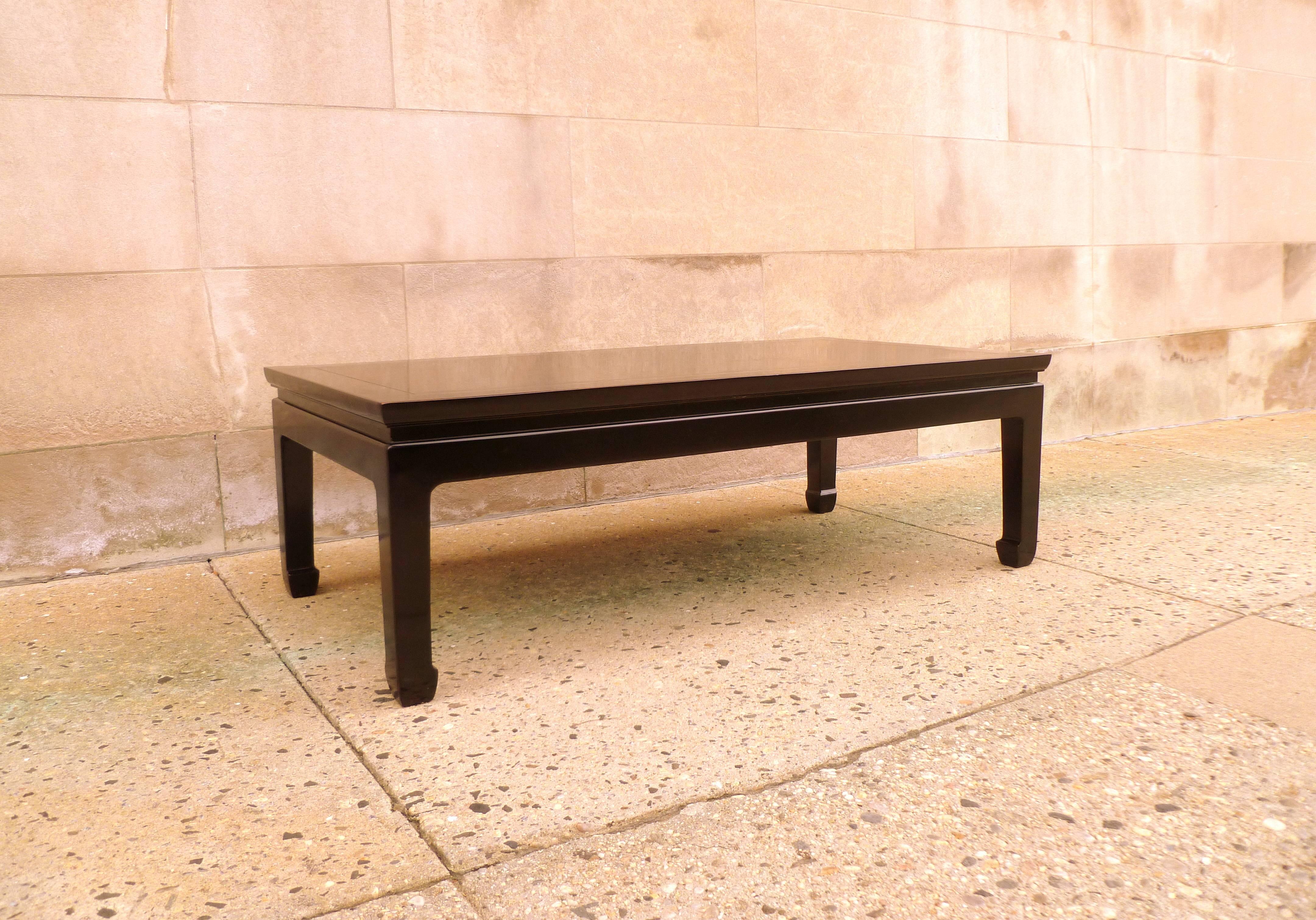 Mid-20th Century Fine Black Lacquer Rectangular Low Table with Fine Hand Painted Landscape Motif