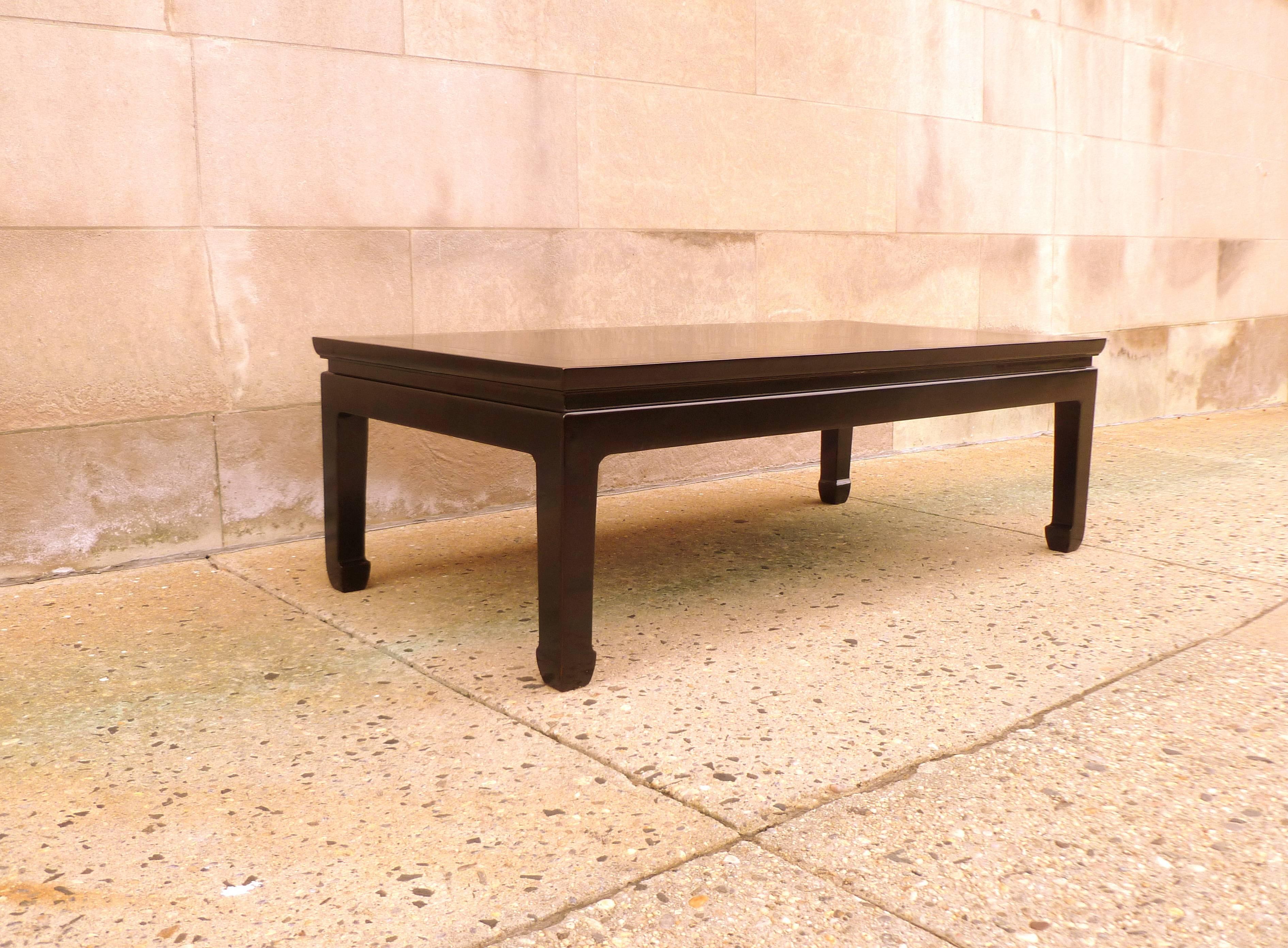 Fine Black Lacquer Rectangular Low Table with Fine Hand Painted Landscape Motif 1