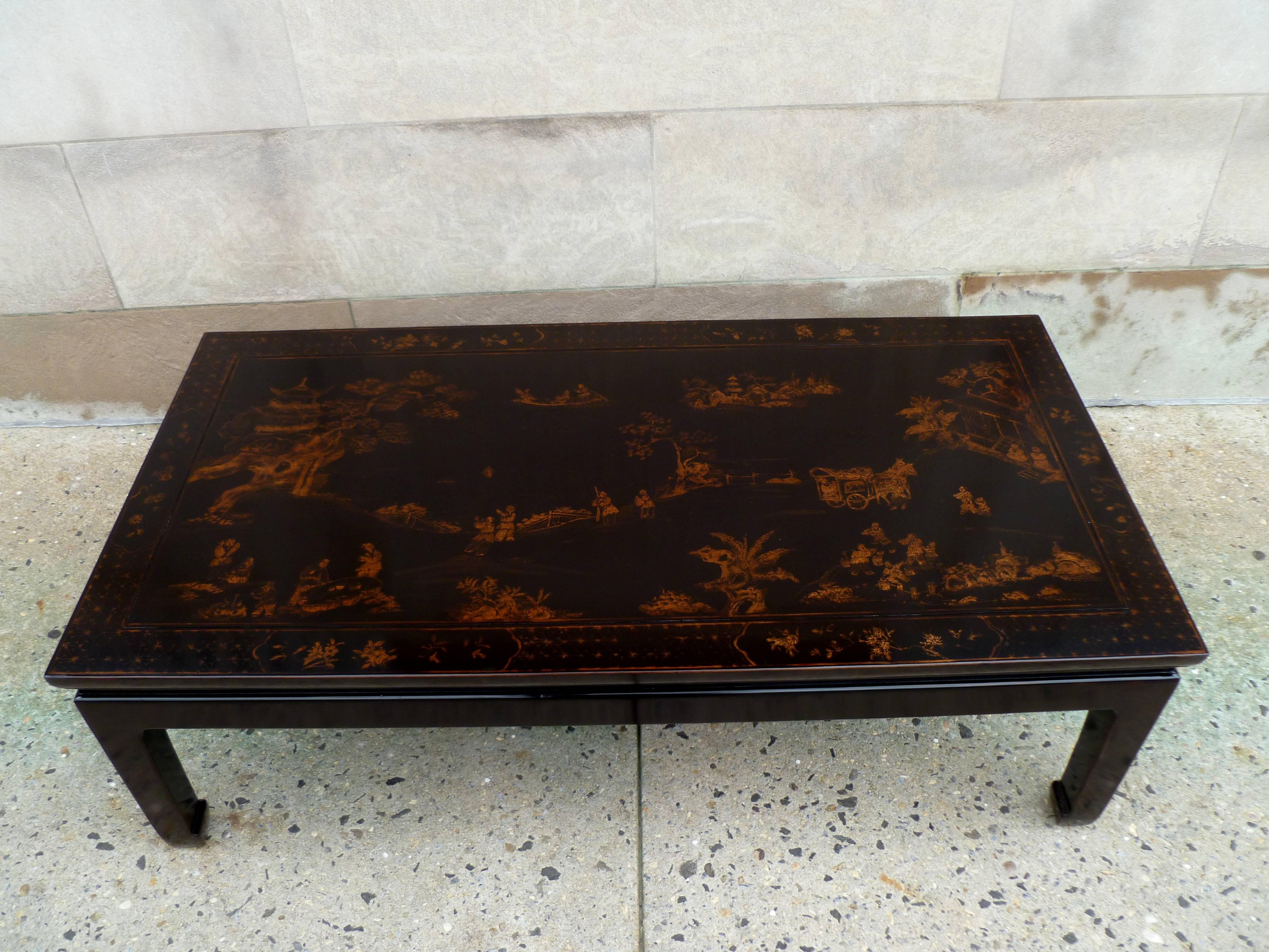 Fine Black Lacquer Rectangular Low Table with Fine Hand Painted Landscape Motif 2