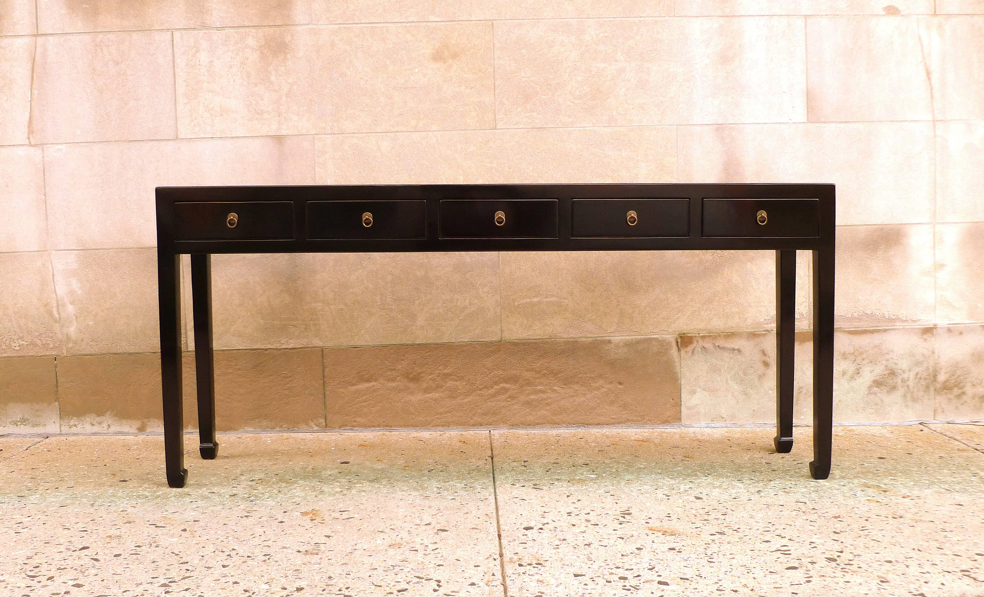 Fine black lacquer console table with drawers with straight legs. Very simple and elegant, fine quality. Beautiful color and form.