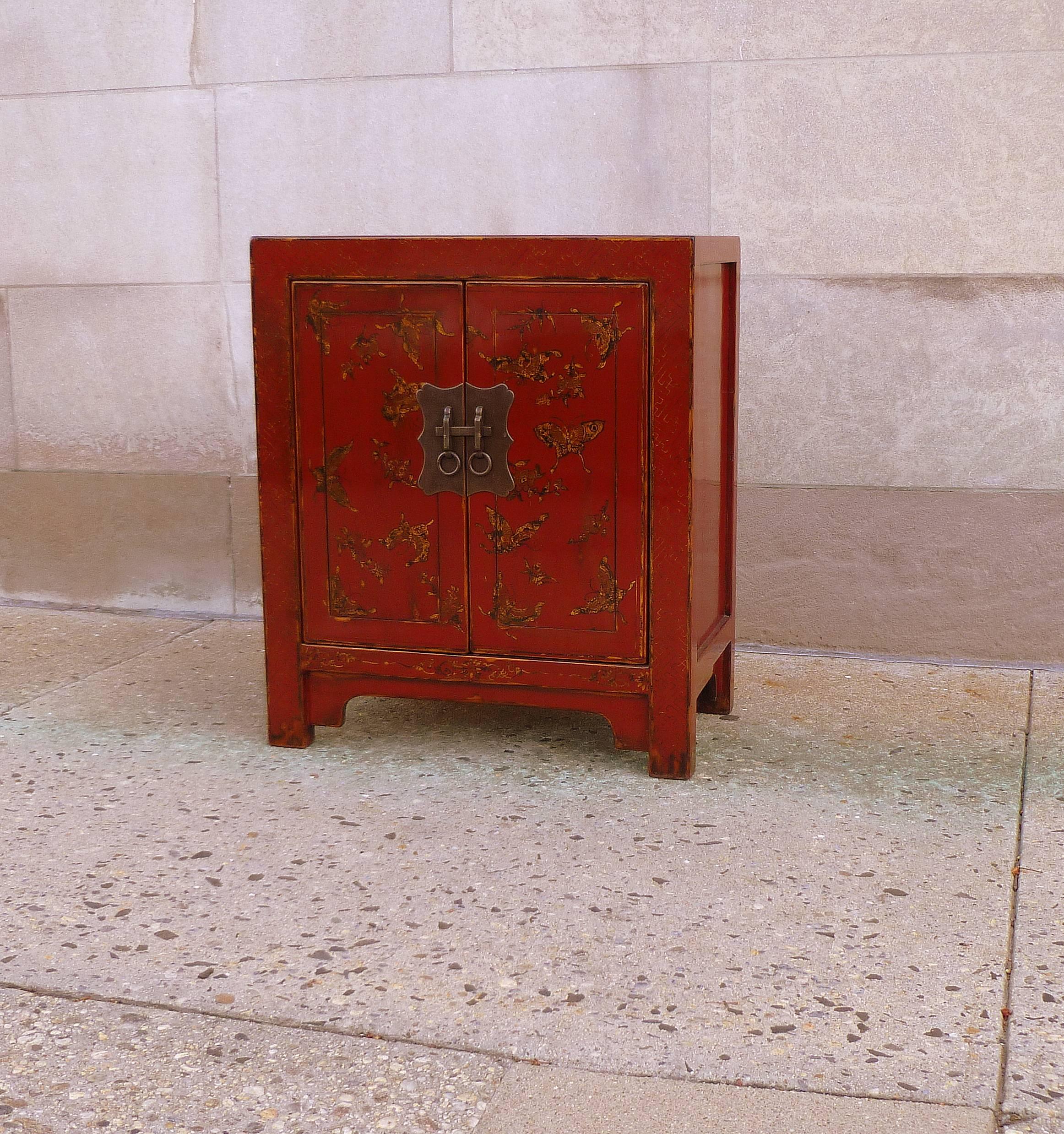 Chinoiserie Fine Red Lacquer Chest with Gilt Motif Design