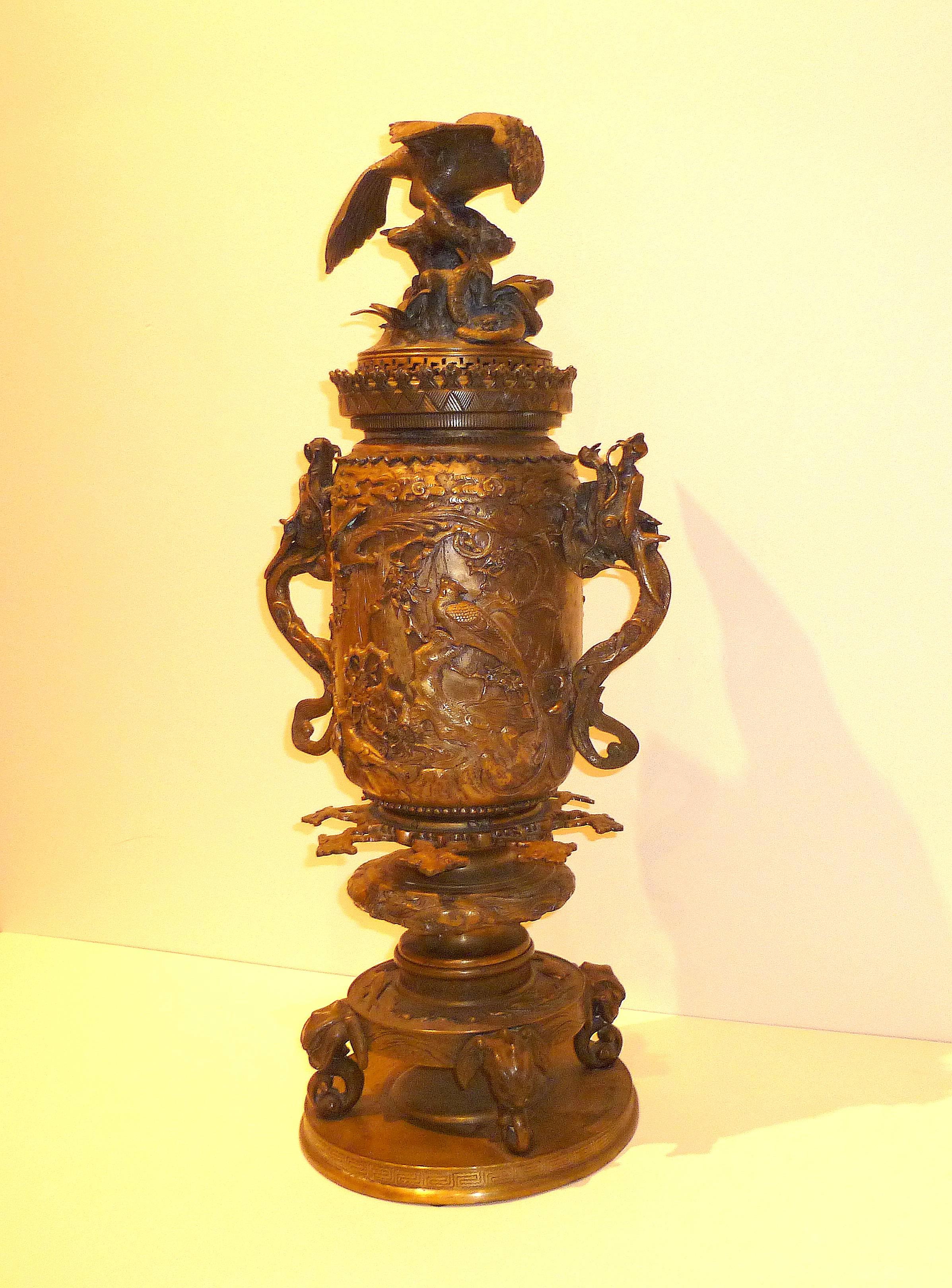 Meiji Japanese Bronze Vessel with Dragon Handles and Falcon Lid For Sale