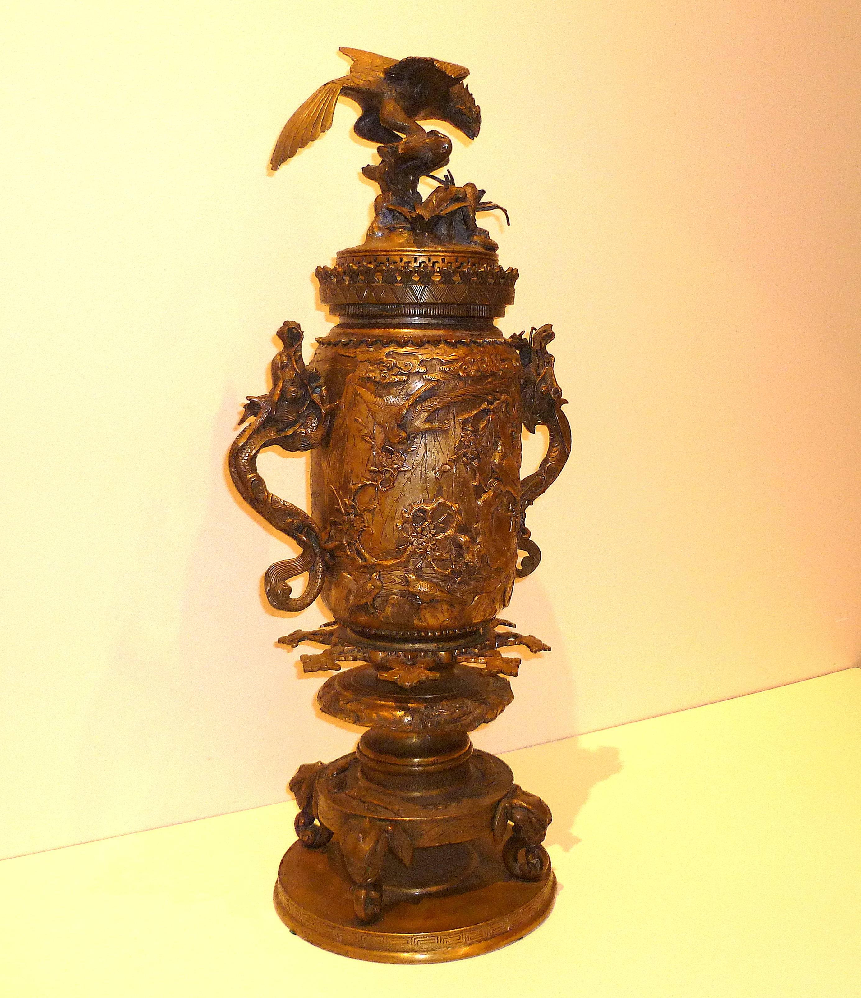 Metalwork Japanese Bronze Vessel with Dragon Handles and Falcon Lid For Sale