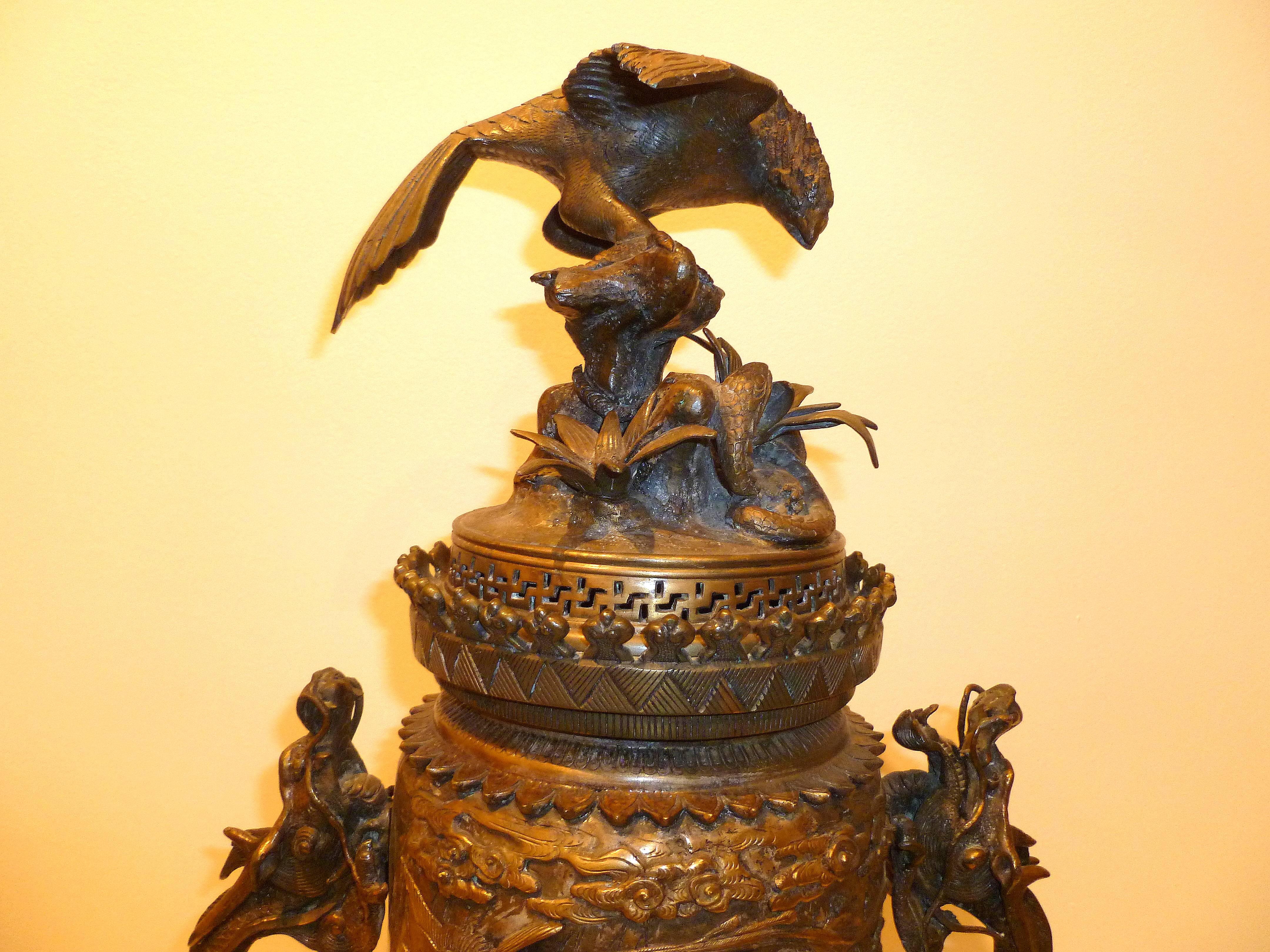 Japanese Bronze Vessel with Dragon Handles and Falcon Lid In Good Condition For Sale In Greenwich, CT