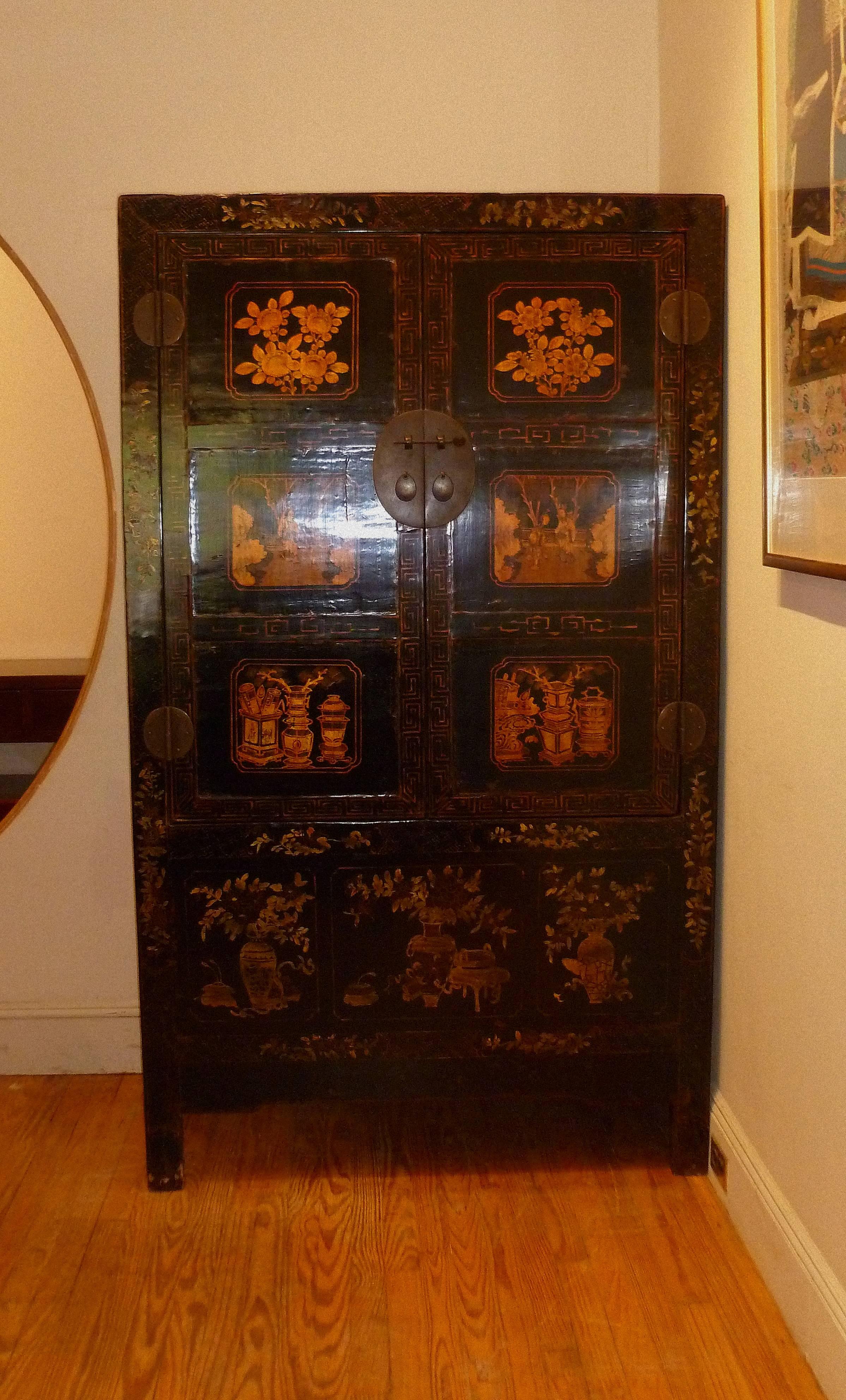 Chinoiserie Black Lacquer Armoire with Gilt Motif