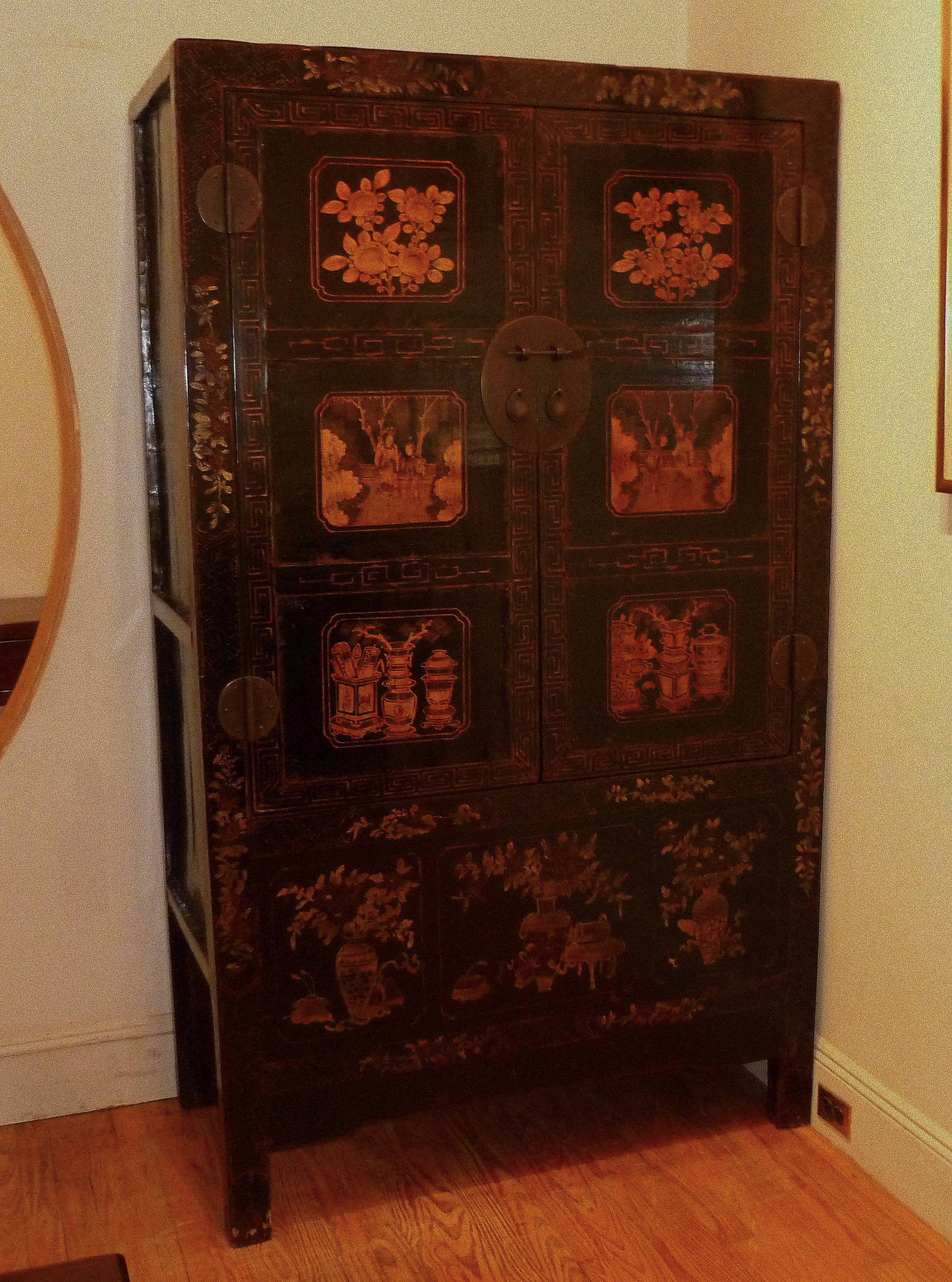 Chinese Black Lacquer Armoire with Gilt Motif