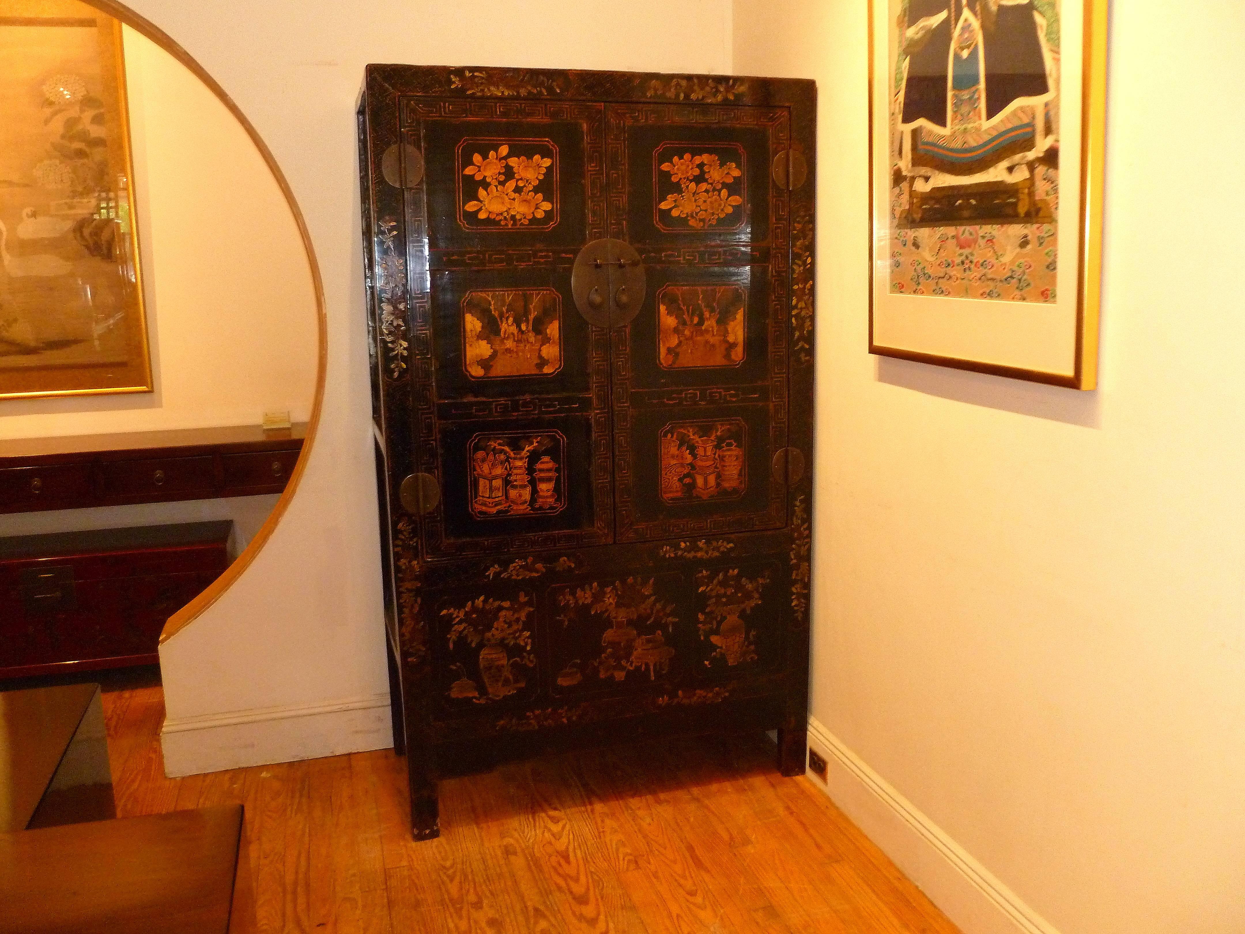 Black Lacquer Armoire with Gilt Motif In Good Condition In Greenwich, CT