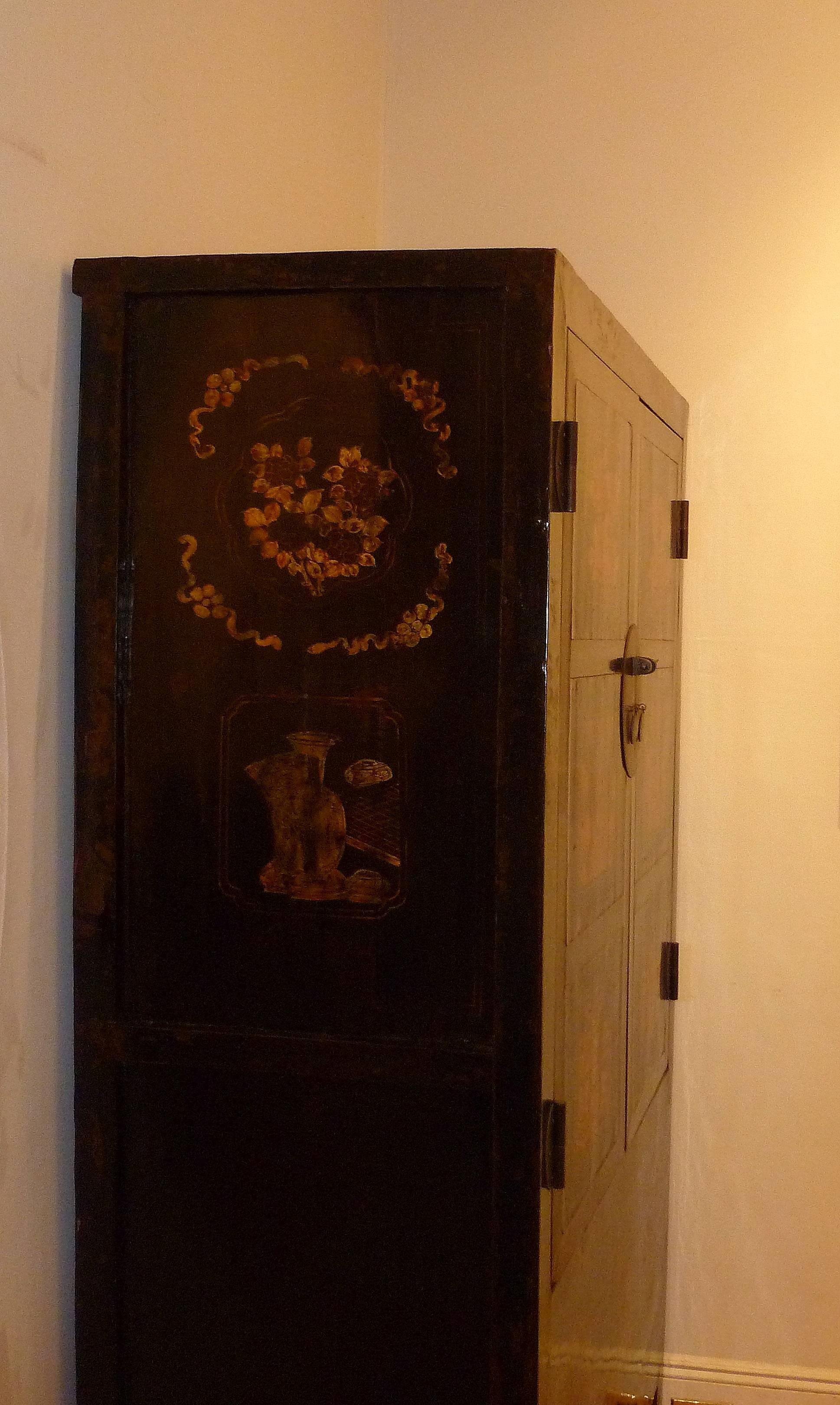 19th Century Black Lacquer Armoire with Gilt Motif