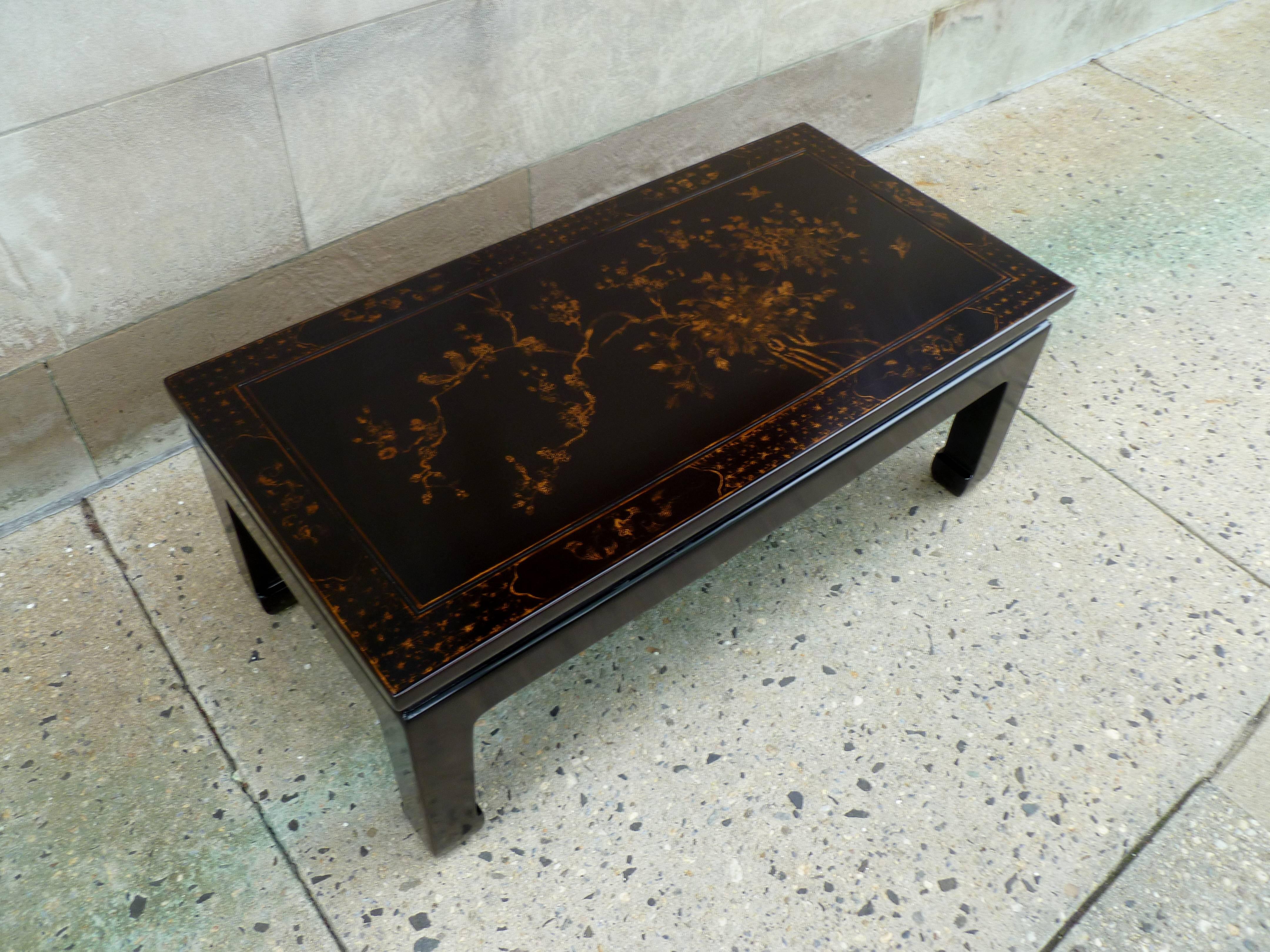 Mid-20th Century Fine Black Lacquer Low Table with Gilt Floral Motif