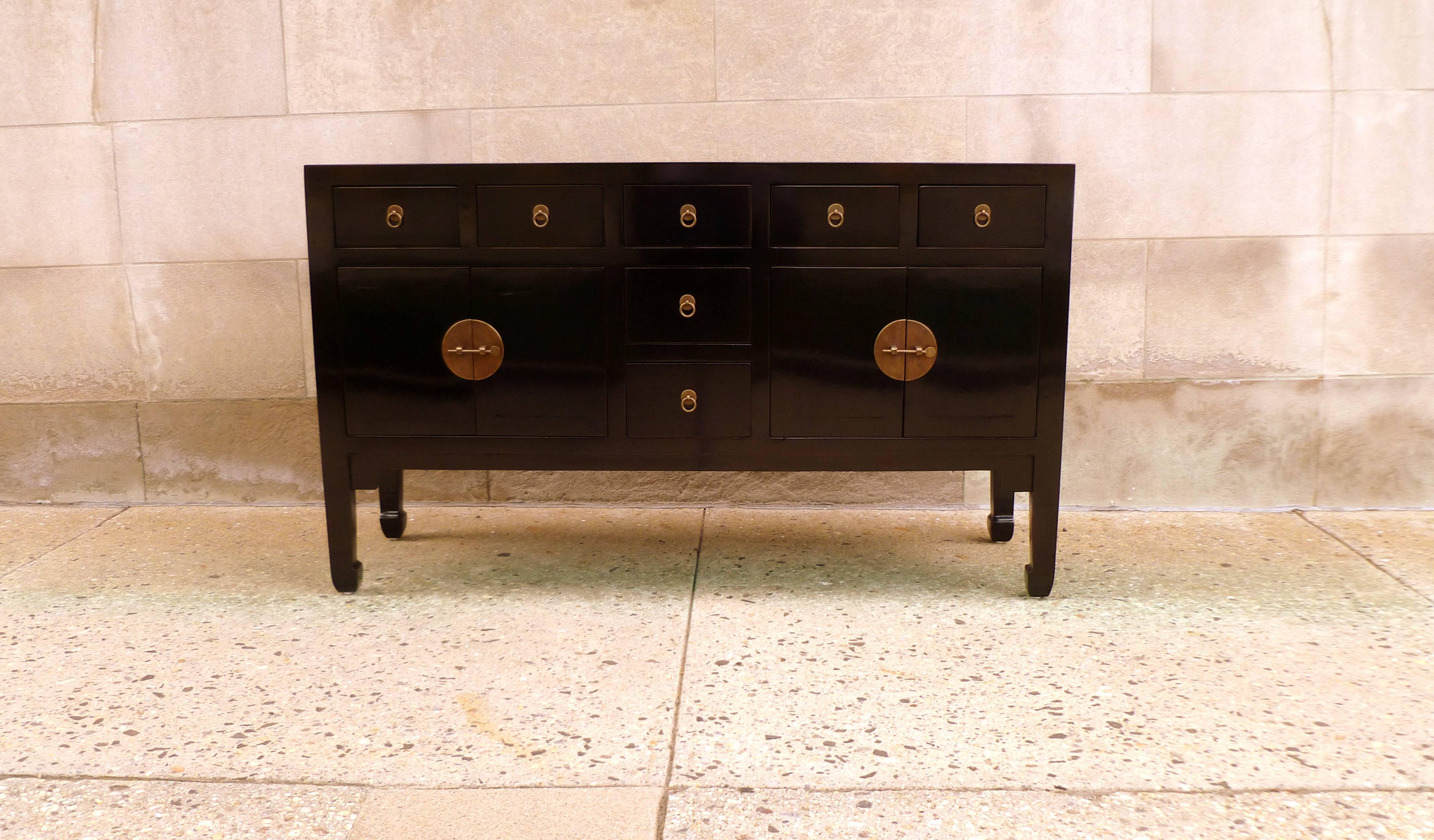 Fine black lacquer sideboard with drawers. Very elegant, simple form, beautiful color.