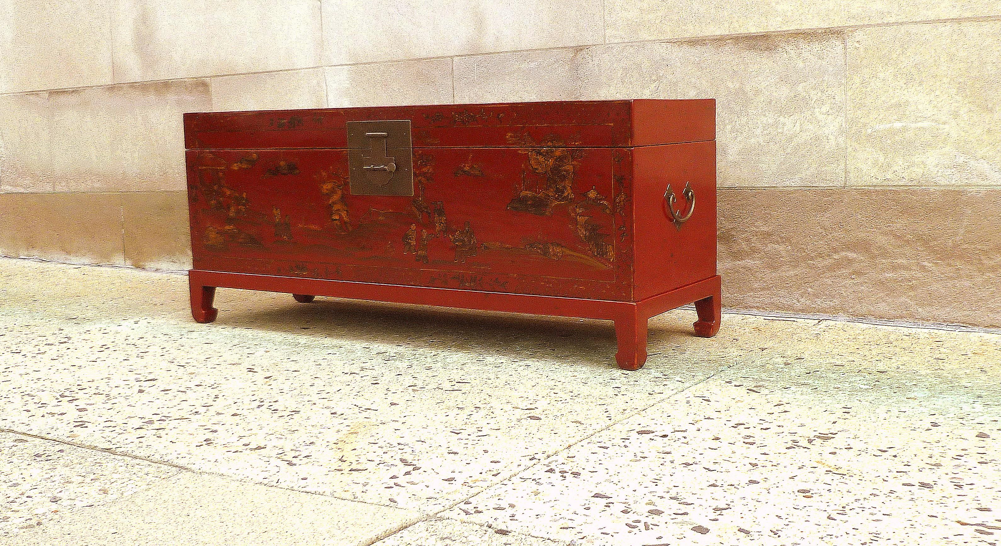 Asian Fine Red Lacquer Trunk with Gilt Motif