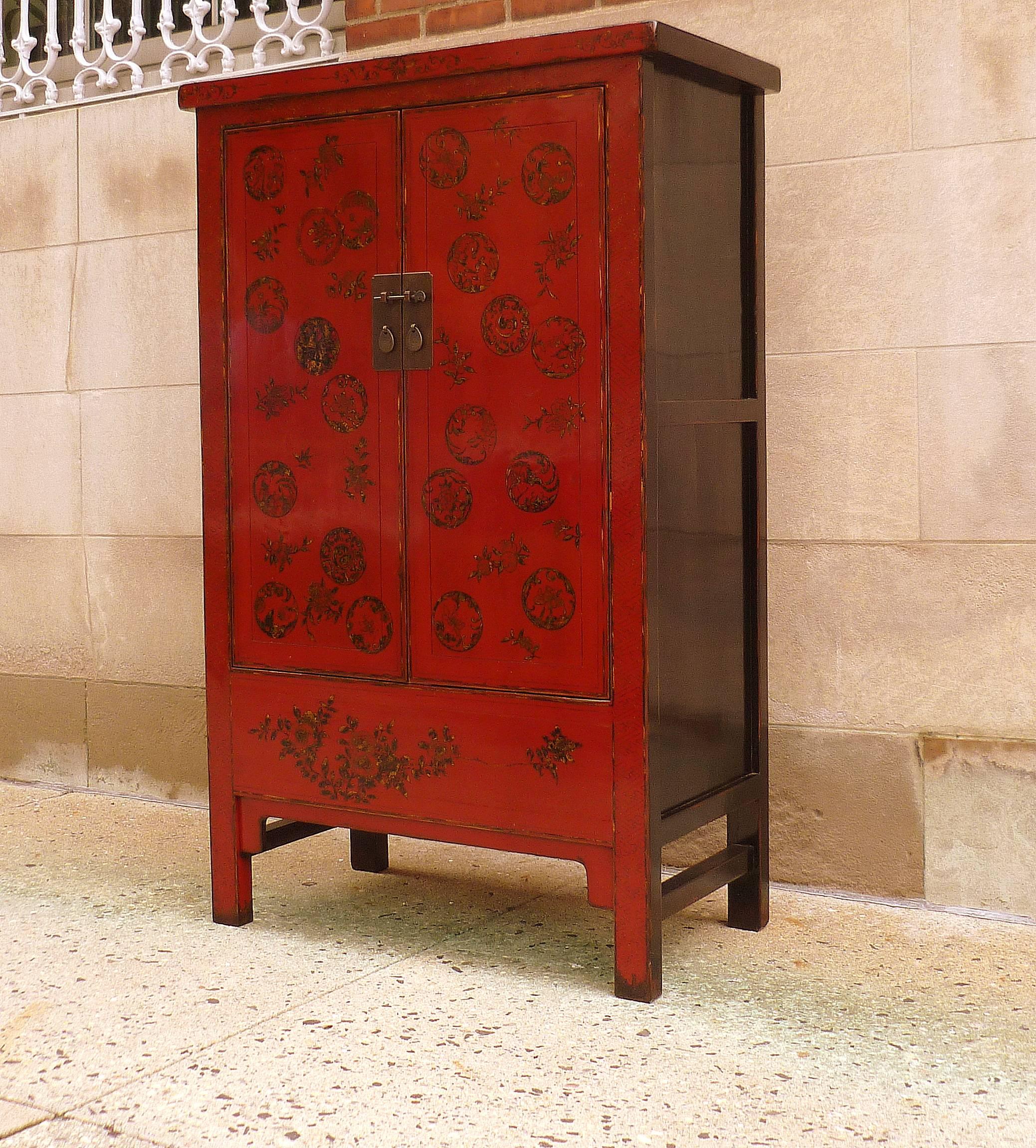 Chinese Fine Red Lacquer Armoire with Gilt Motif