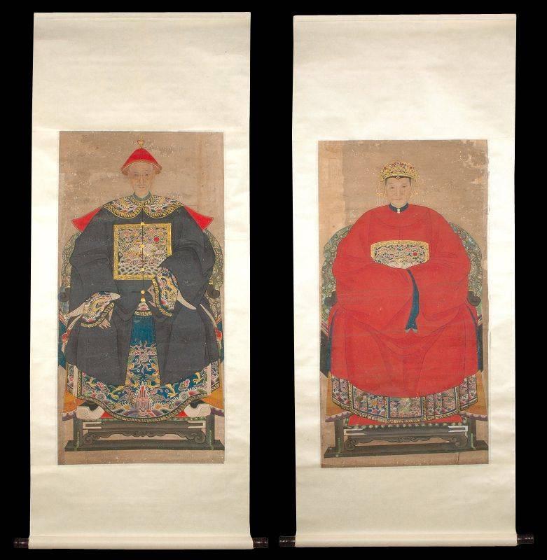 A pair of fine hanging scrolls, brush painting of Qing dynasty imperial noble couple wearing formal court robes sitting on chairs.
Overall size each painting: 60