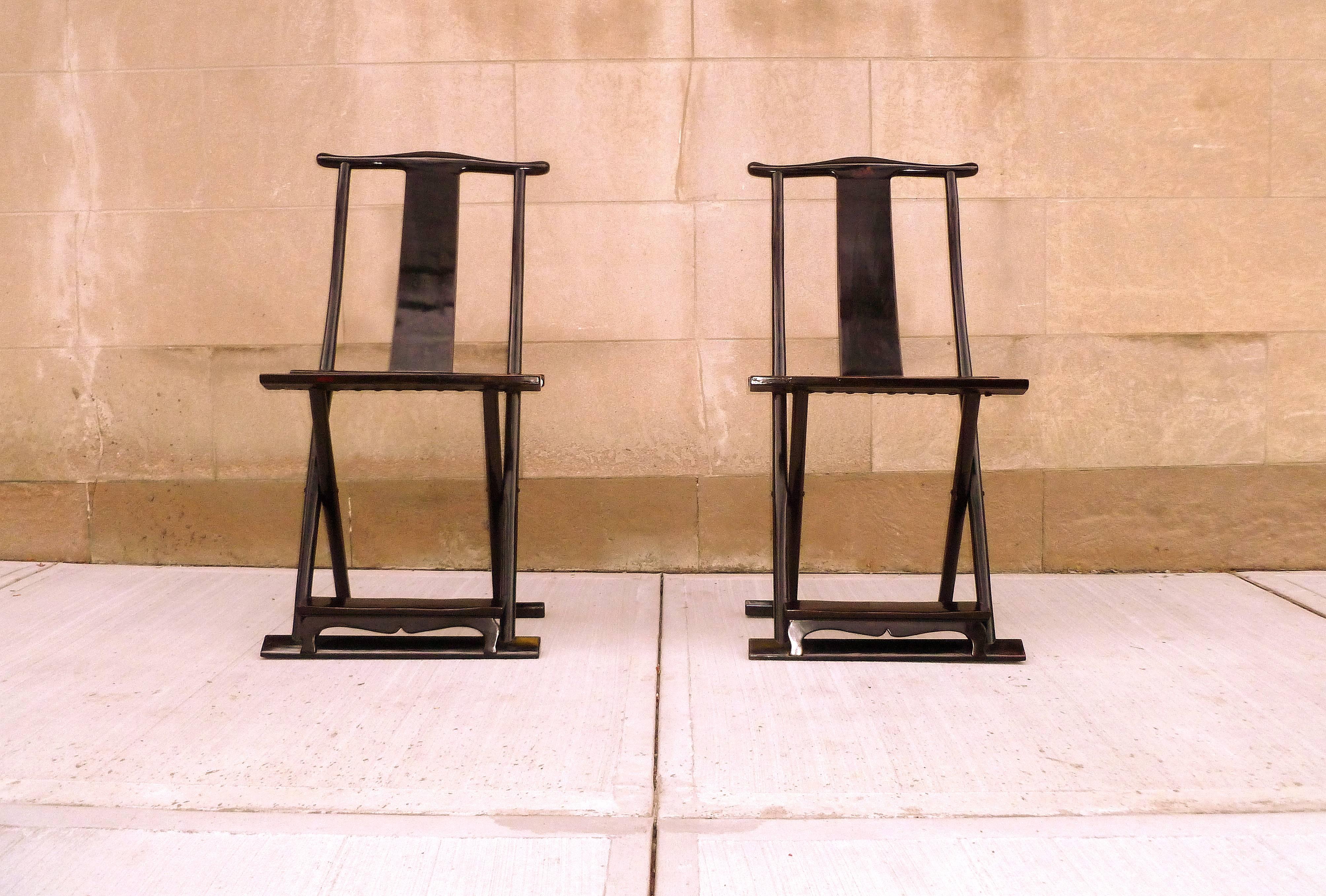 Polished Pair of Black Lacquer Folding Chairs