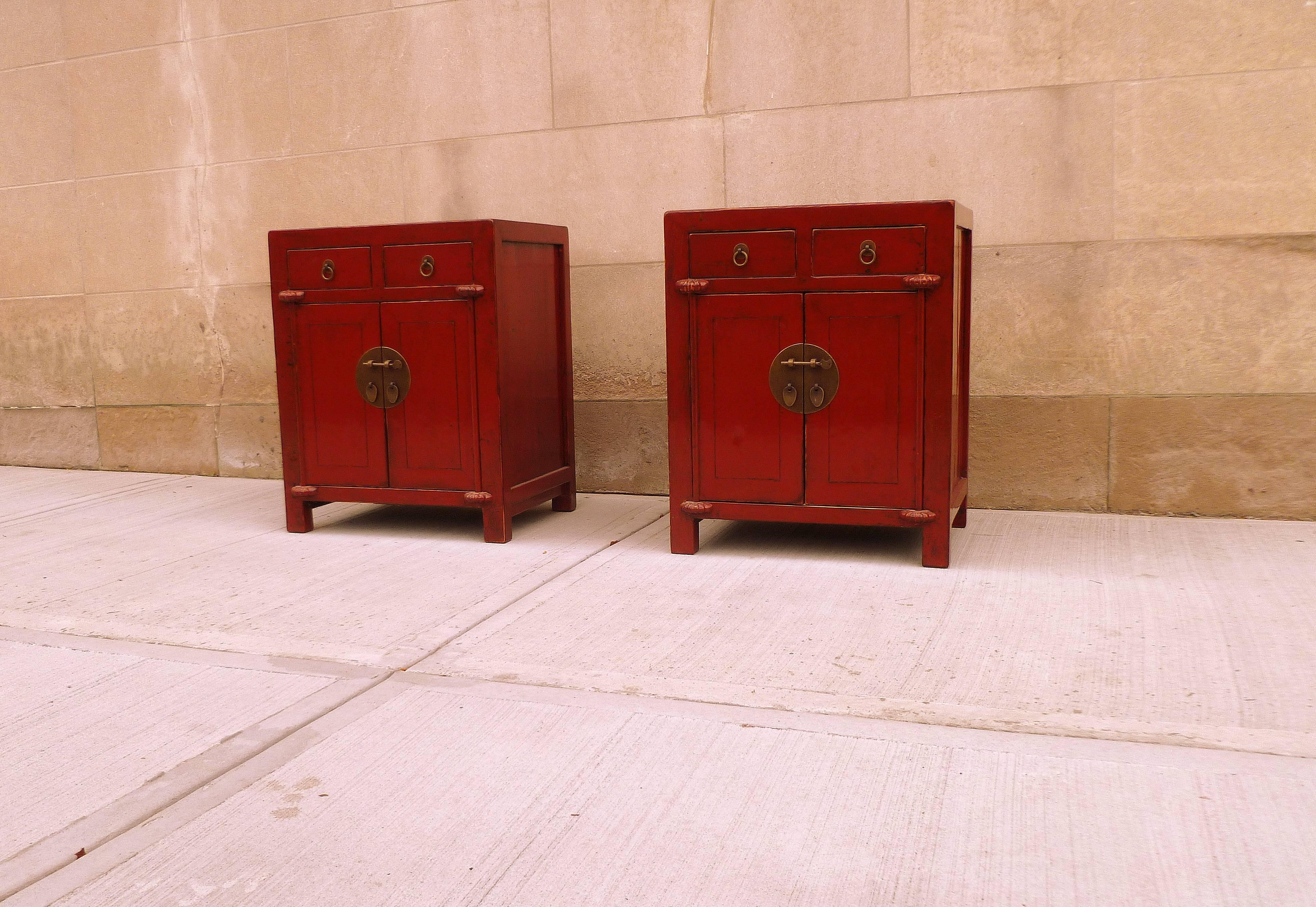 Chinese Pair of Red Lacquer Chests