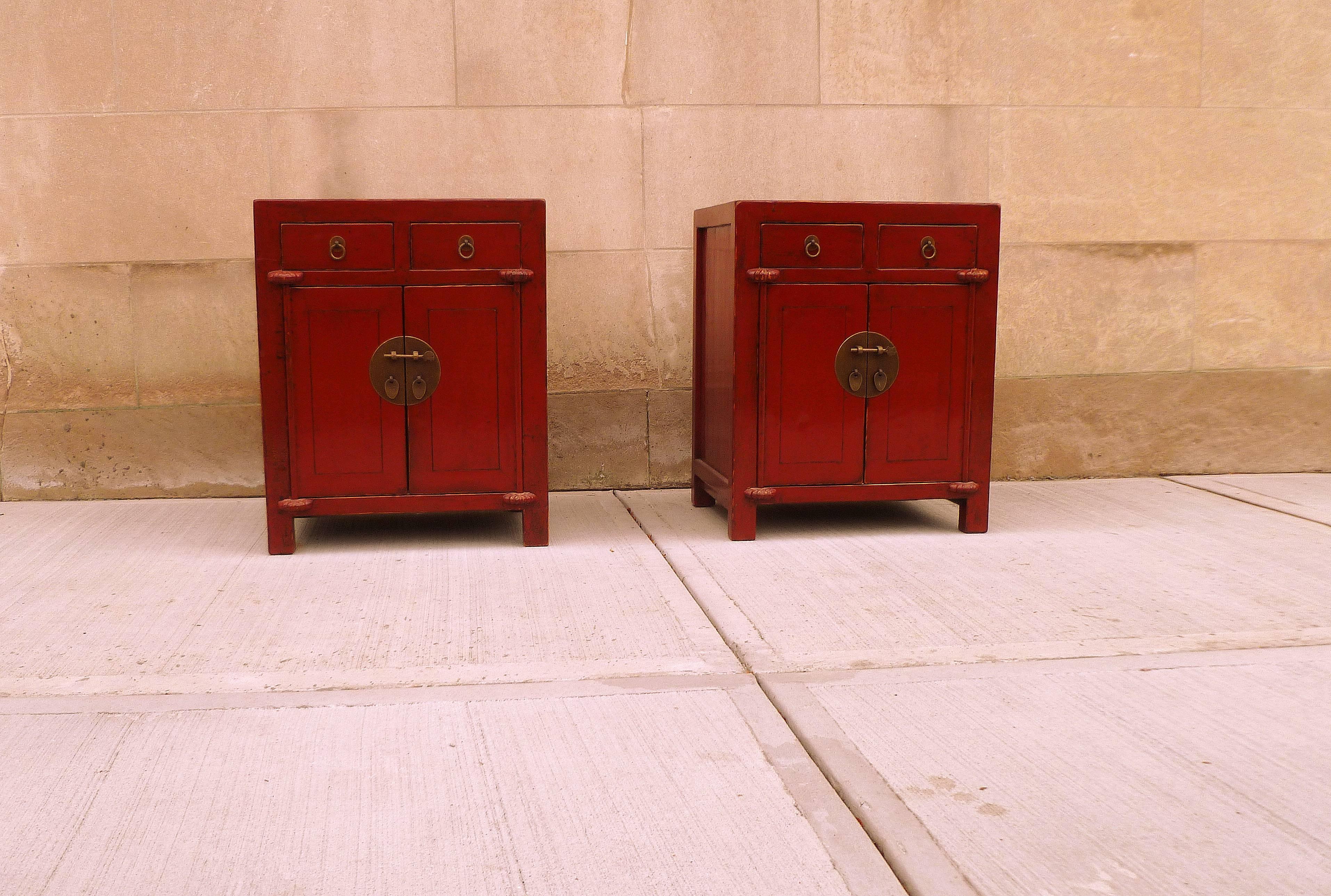 Polished Pair of Red Lacquer Chests