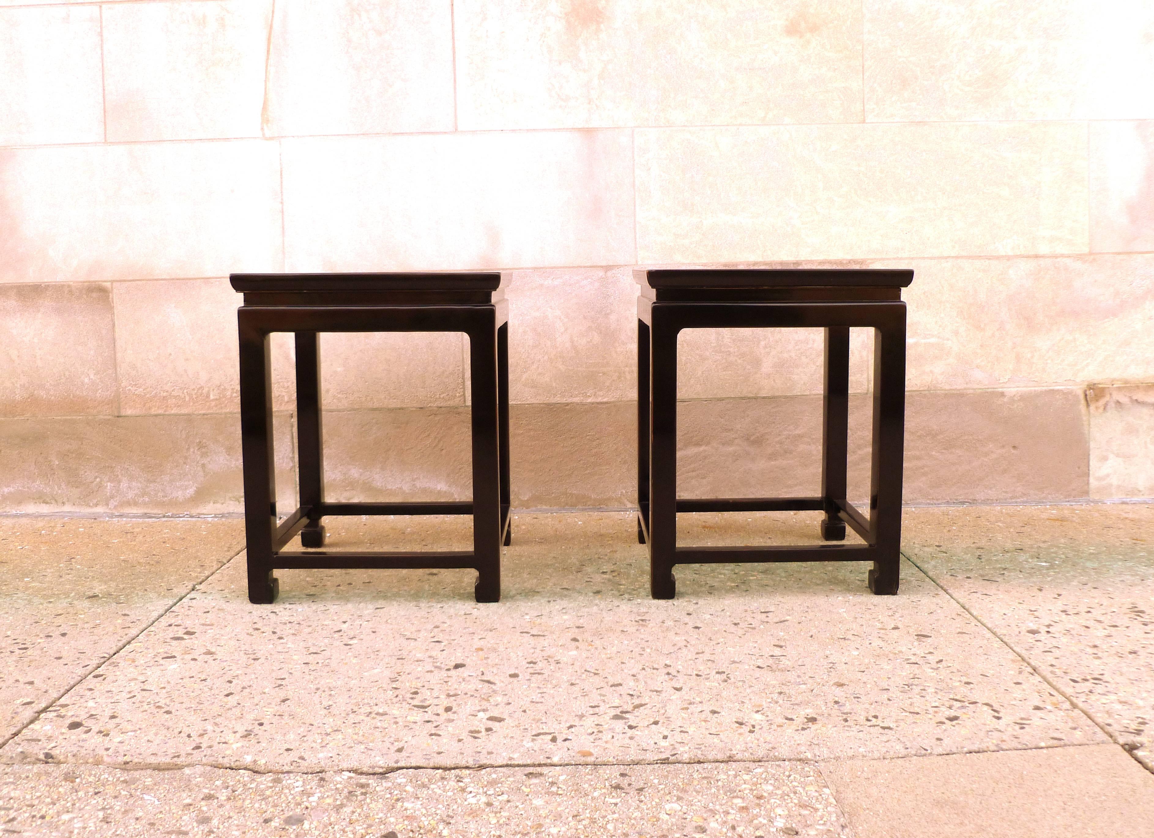 Fine black lacquer end tables. Simple and elegant form. Beautiful color and form.  We carry fine quality furniture with elegant finished and has been appeared many times in 