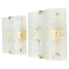 Italian Etched Glass & Brass Rectangular Wall Lights, 1950s
