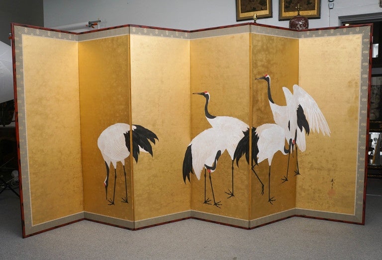 Japanese screen of cranes. Taisho period.