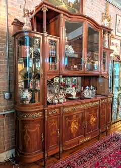 Antique Inlaid Buffet with Mirrored and Curved Glass Display Hutch Ormolu Accent