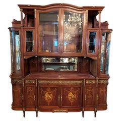 Antique Inlaid Buffet with Mirrored and Curved Glass Display Hutch Ormolu Accent
