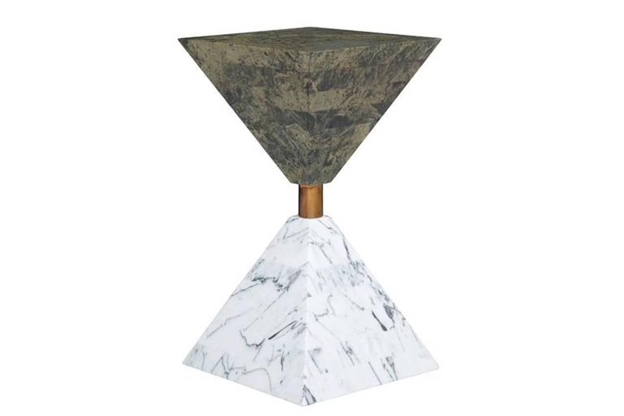 Erickson Aesthetics  statuary marble and green bamboo granite double pyramid table by Ben Erickson.

Custom orders have a lead time of 10-12 weeks FOB NYC. Lead time contingent upon selection of finishes, approval of shop drawings (if applicable),
