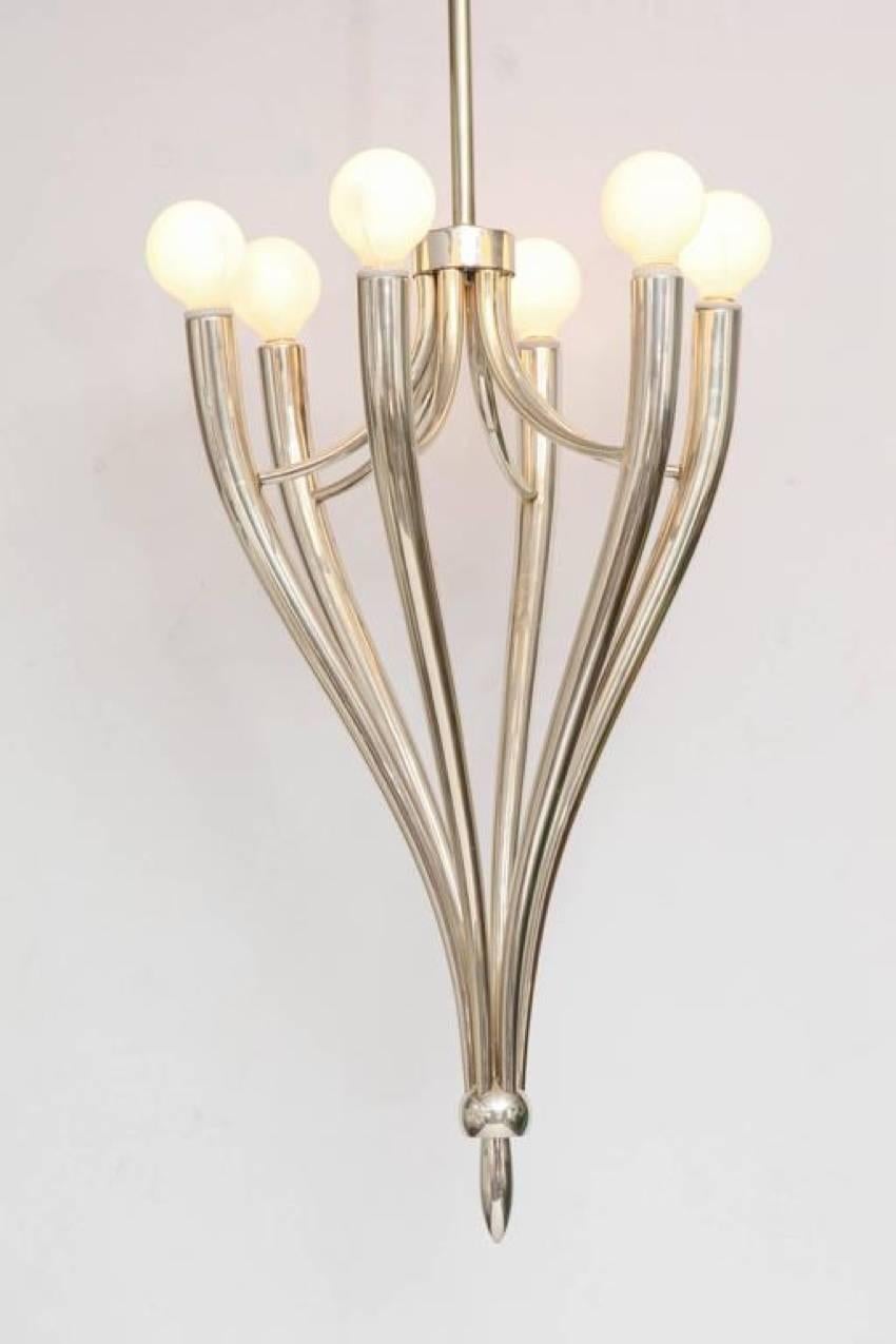 Mid-Century Modern Six-Arm Nickeled Chandelier in the Style of Guglielmo Ulrich For Sale
